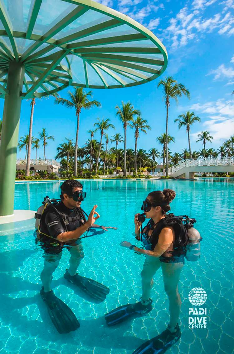 Introductory scuba diving lesson in the comfort of a specialized swimming pool in Cancun.