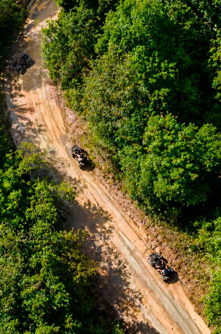 Vista aérea de un par de cuatrimotos atravesando la selva Maya.