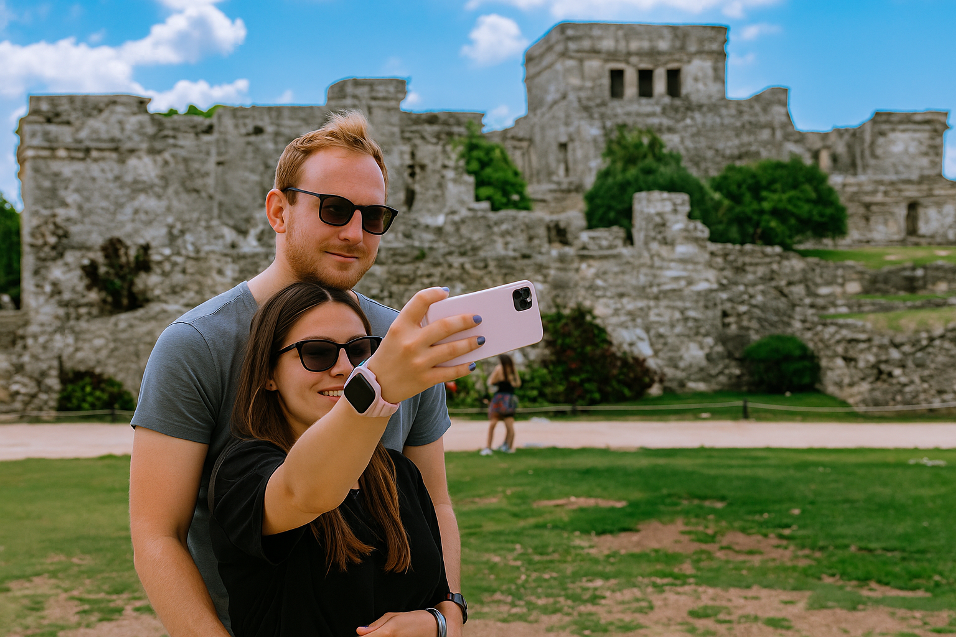 Couple takes a selfie in front of ancient Tulum ruins on a sunny day.