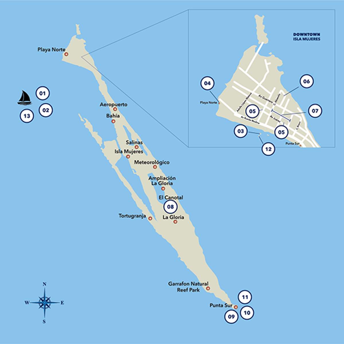 Mapa de Isla Mujeres que muestra ubicaciones clave, incluyendo Playa Norte, Aeropuerto, Salinas Isla Mujeres, Tortugranja, Parque Natural de Arrecifes Garrafón, Punta Sur y el área del centro con calles detalladas.