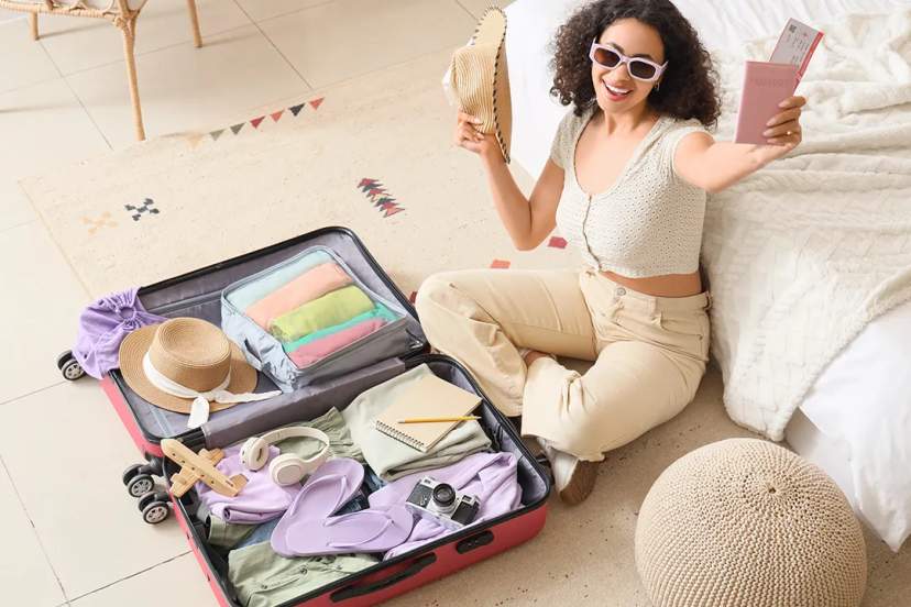 Traveler packing a suitcase for a beach vacation with passport, hat and essentials, ready for a Mexico getaway