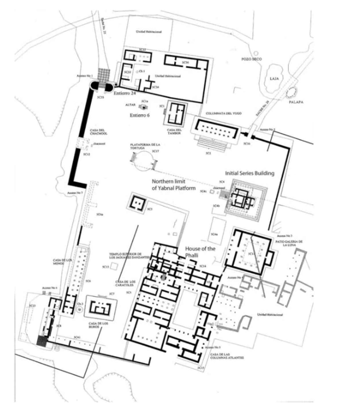 A detailed black and white architectural map of the Initial Series Group, highlighting various structures such as the House of the Phalli, Initial Series Building, Northern Limit of Yabnal Platform, and other notable areas like the Colonnade del Viigo and the House of the Chultun.