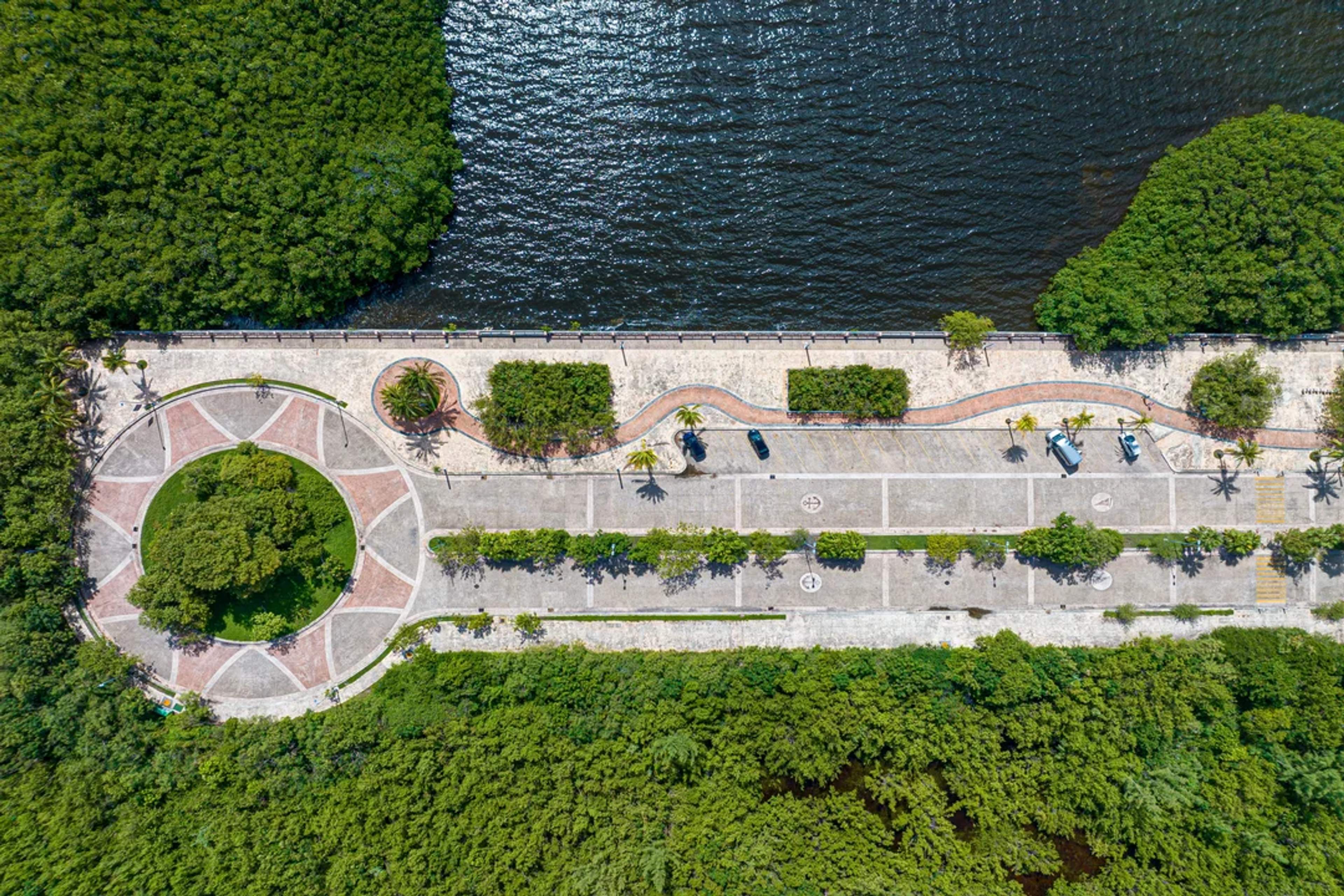 Pasea por el Malecón Tajamar—vistas verdes, brisa de laguna y calma en el corazón de Cancún.