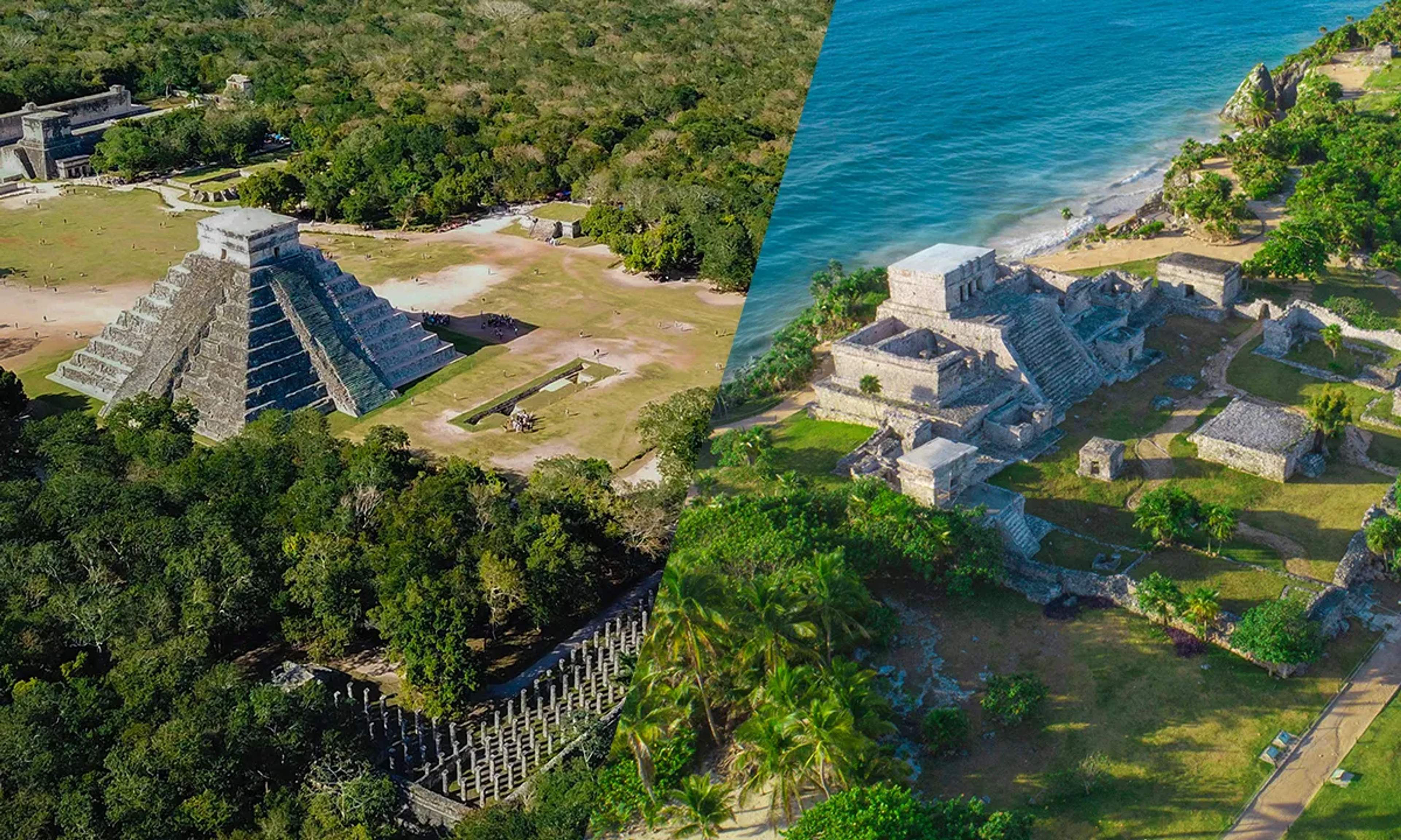 Aerial views of the iconic Mayan ruins: Chichen Itza inland and Tulum by the Caribbean coast.