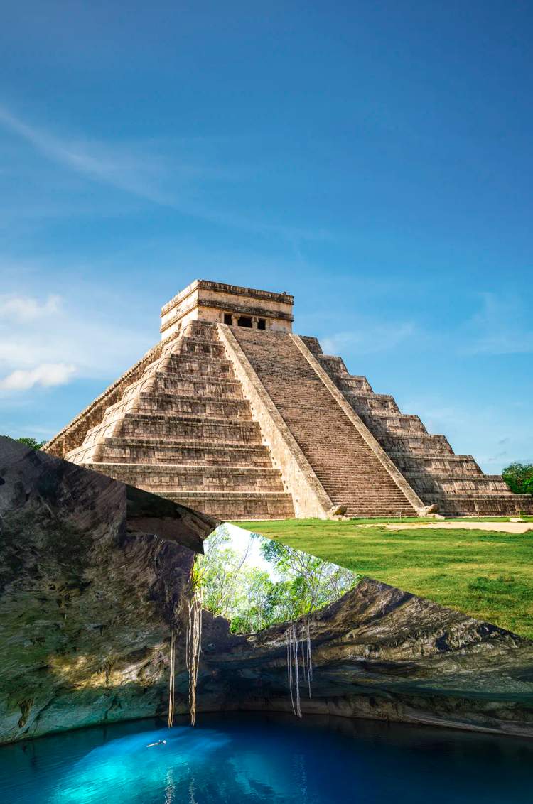 Woman in a red dress, walking towards the Chichen Itza pyramid under a vibrant blue sky with scattered clouds.