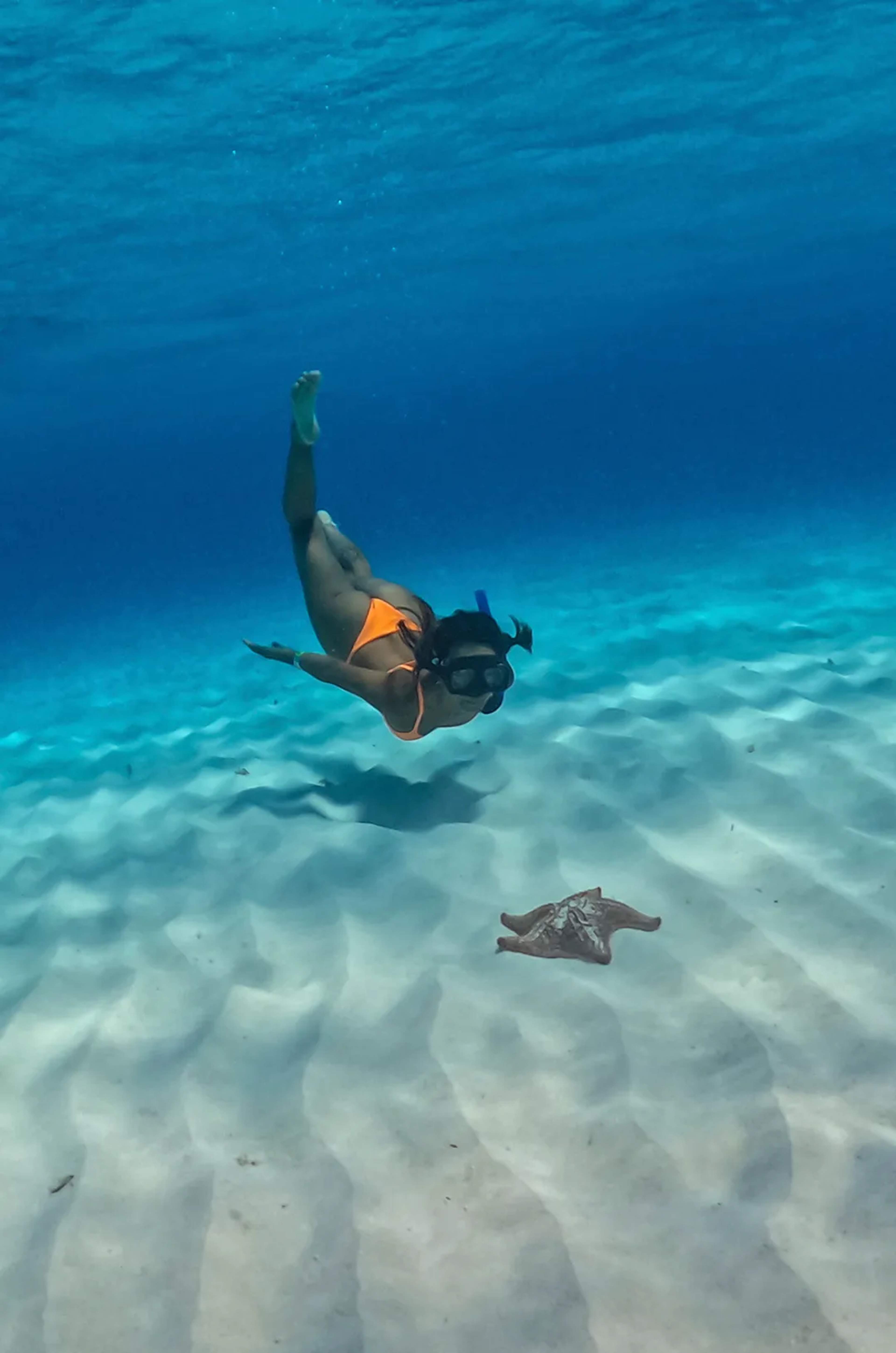 Woman snorkeling over clear turquoise sand bed with a starfish in Caribbean sea water