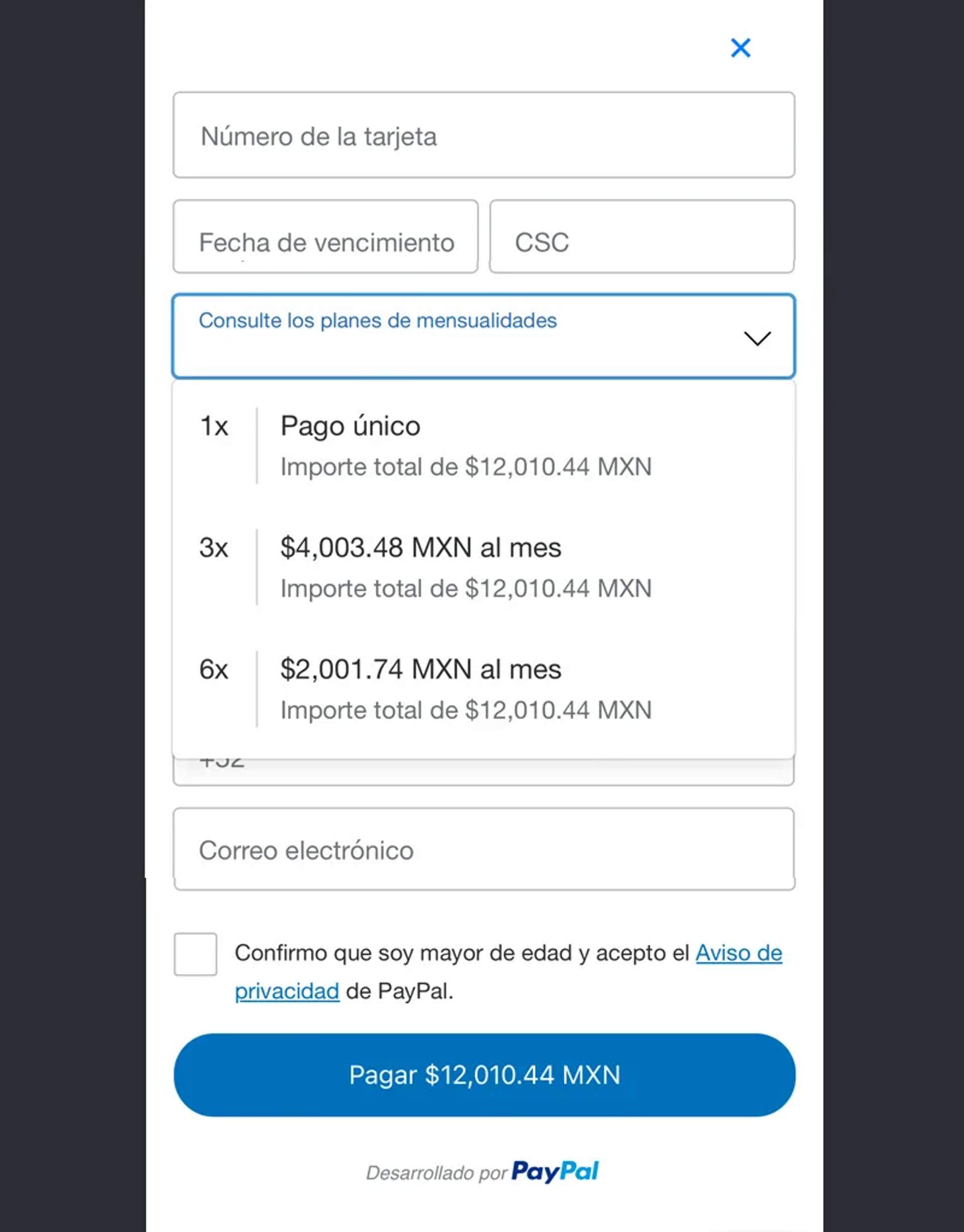 Elige el número de meses sin intereses a los que quieres pagar.