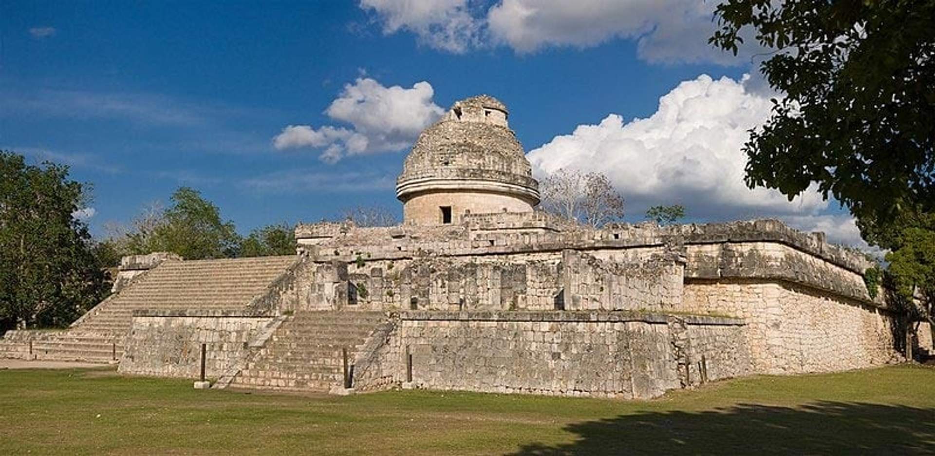 The El Caracol observatory at Chichen Itza, an ancient Mayan structure used for celestial observations, sits on a large rectangular platform.