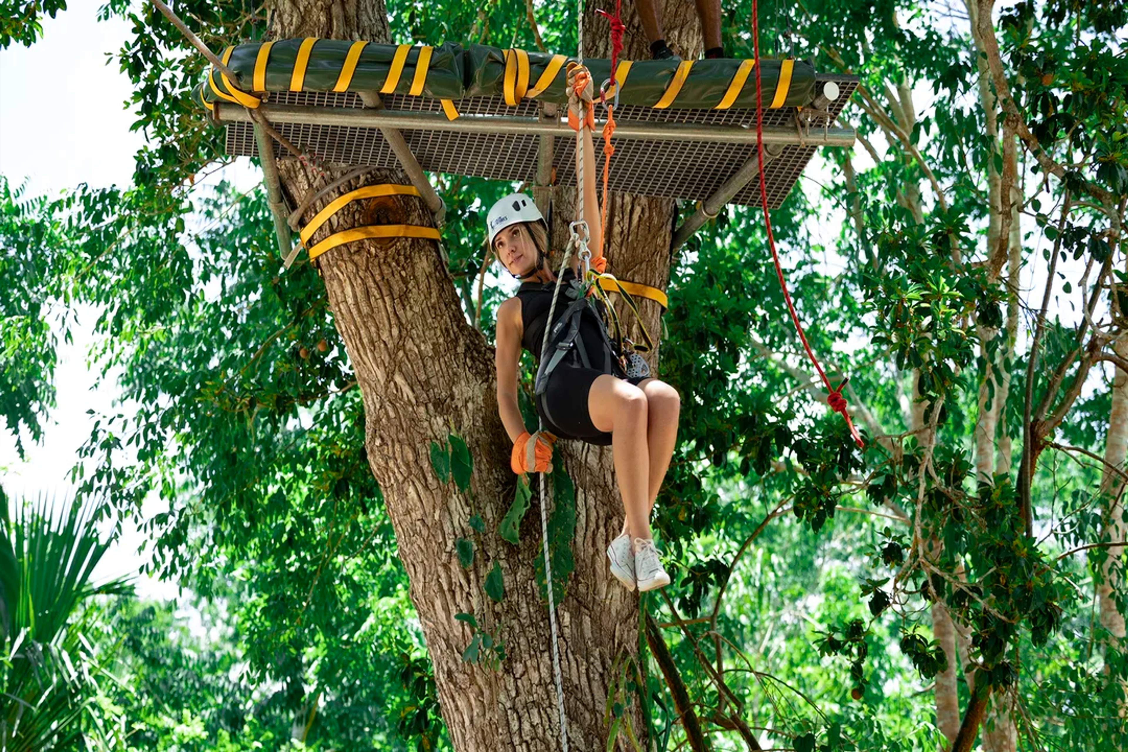 Woman rappels from a jungle platform, enjoying an outdoor adventure in lush green forest.