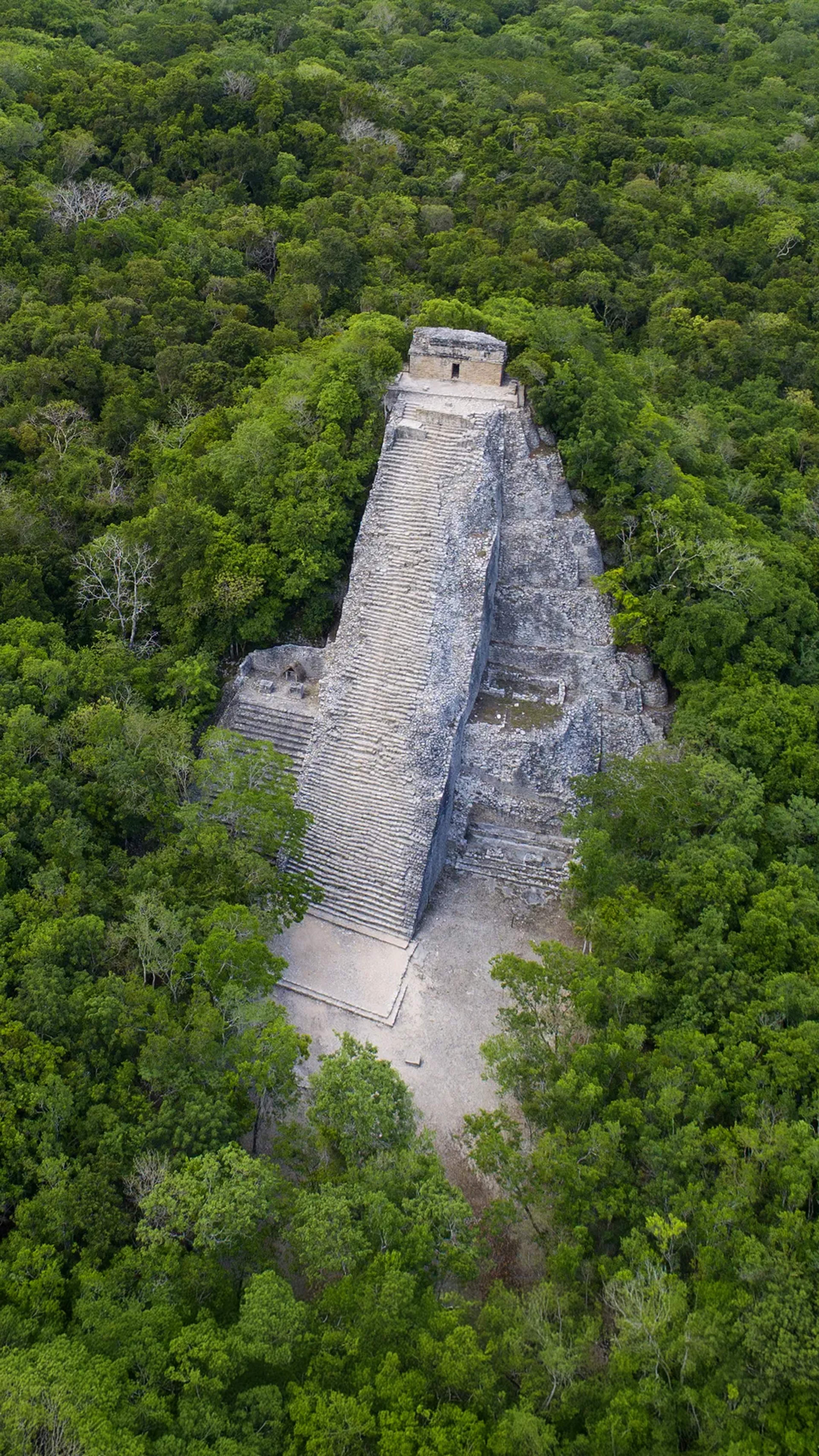 Coba ruins, aerial view of an ancient Mayan pyramid surrounded by dense green jungle.