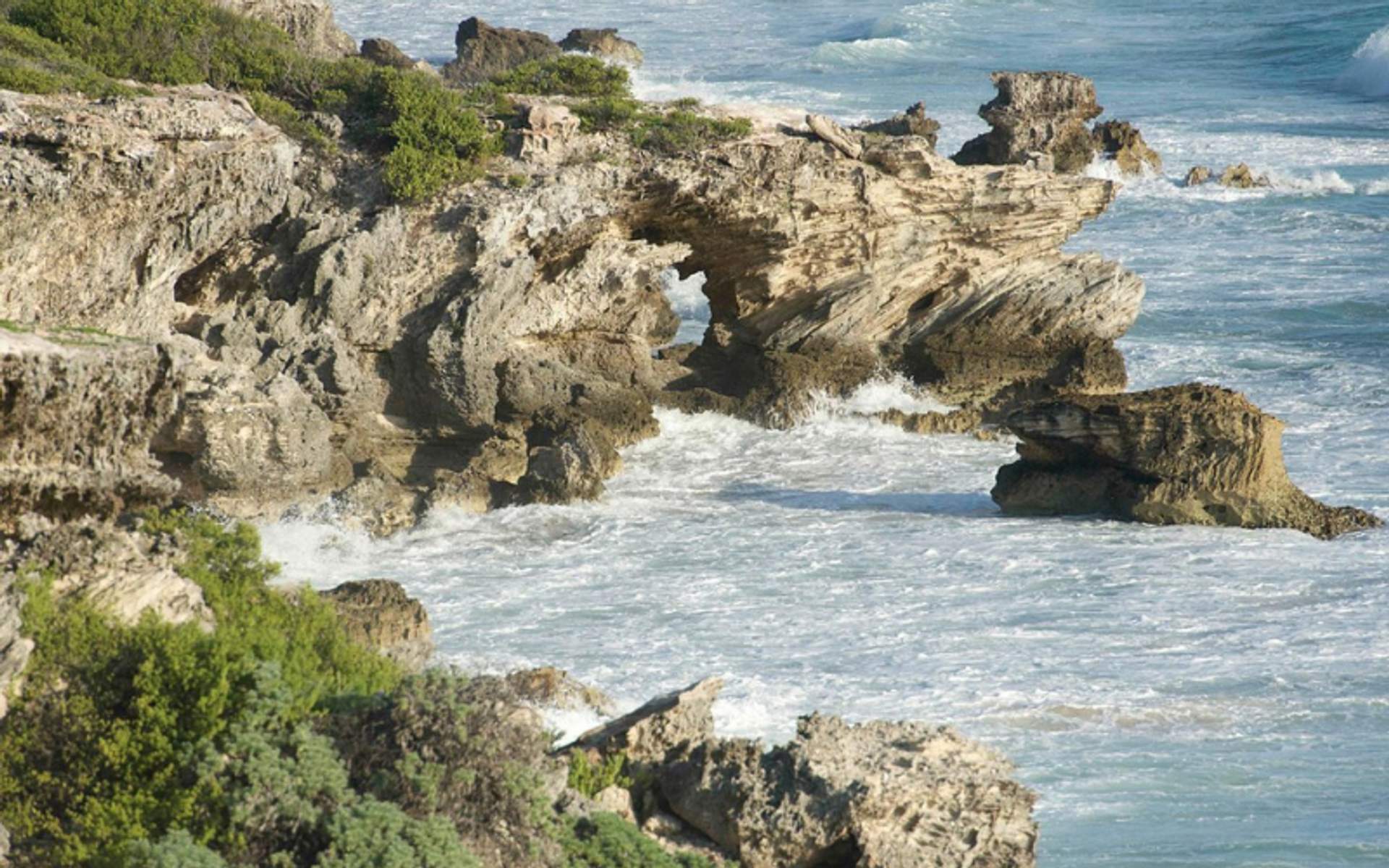 Rocky cliffs at Punta Sur with waves crashing against the shore on Isla Mujeres.