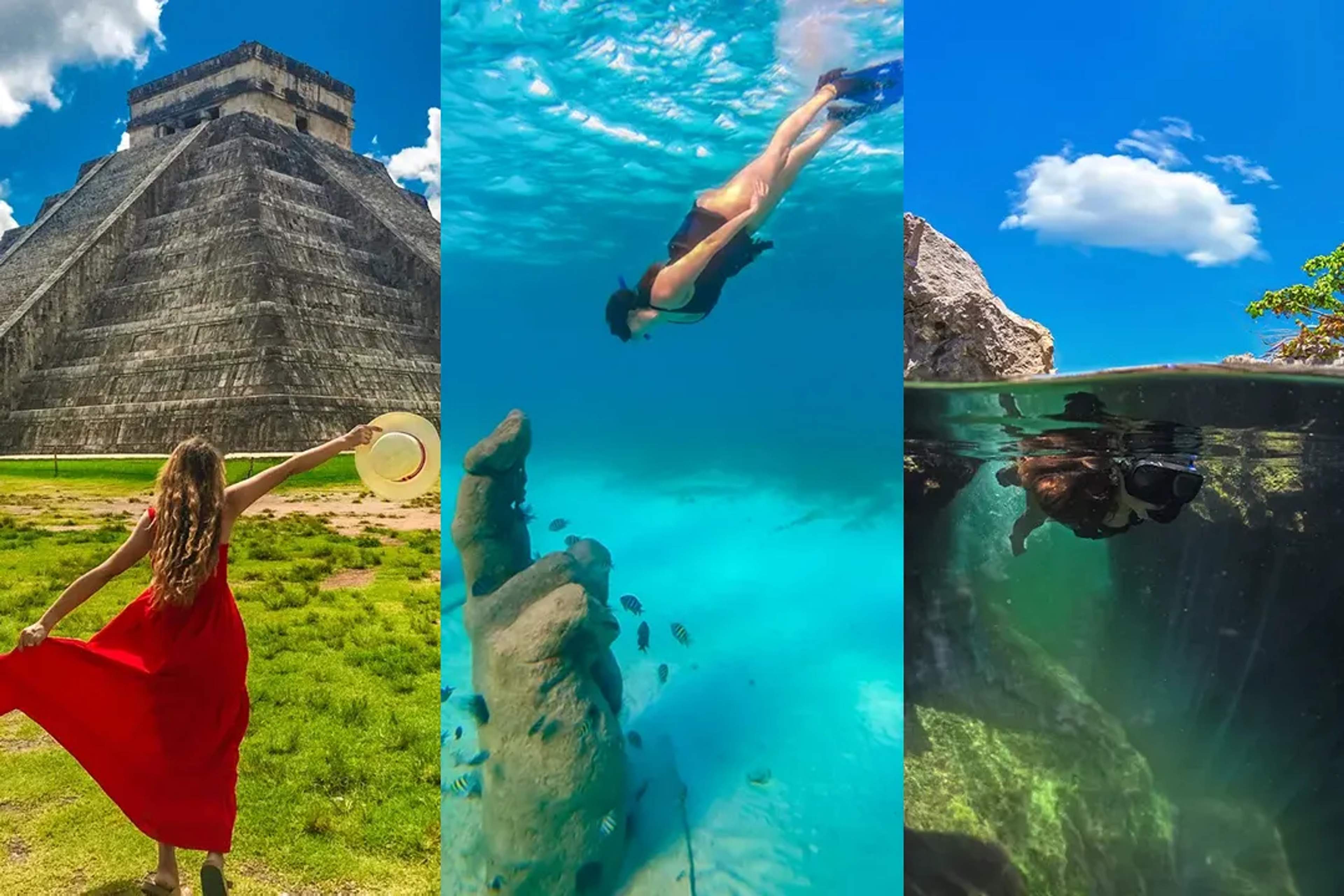 Traveler exploring Chichén Itzá ruins and snorkeling in crystal-clear cenotes, showcasing iconic adventures in Mexico’s Yucatán Peninsula.