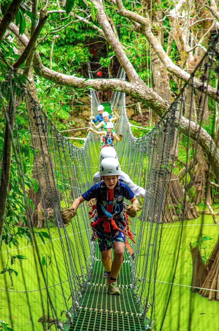 A group of children crossing a hanging rope bridge in a lush forest, wearing helmets and safety gear.