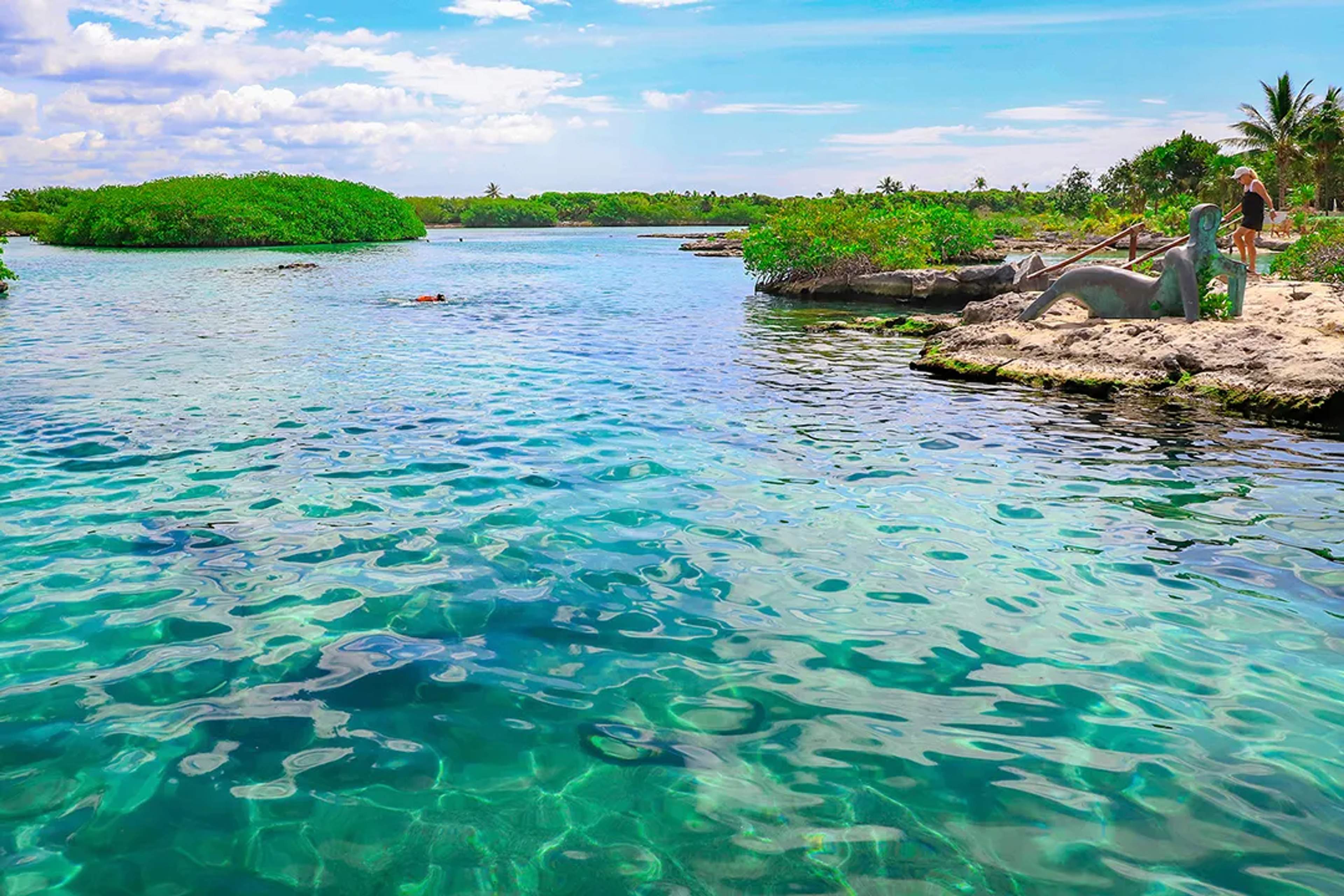Crystal-clear lagoon with vibrant waters, lush mangroves, and a sculpture on the rocky shore.