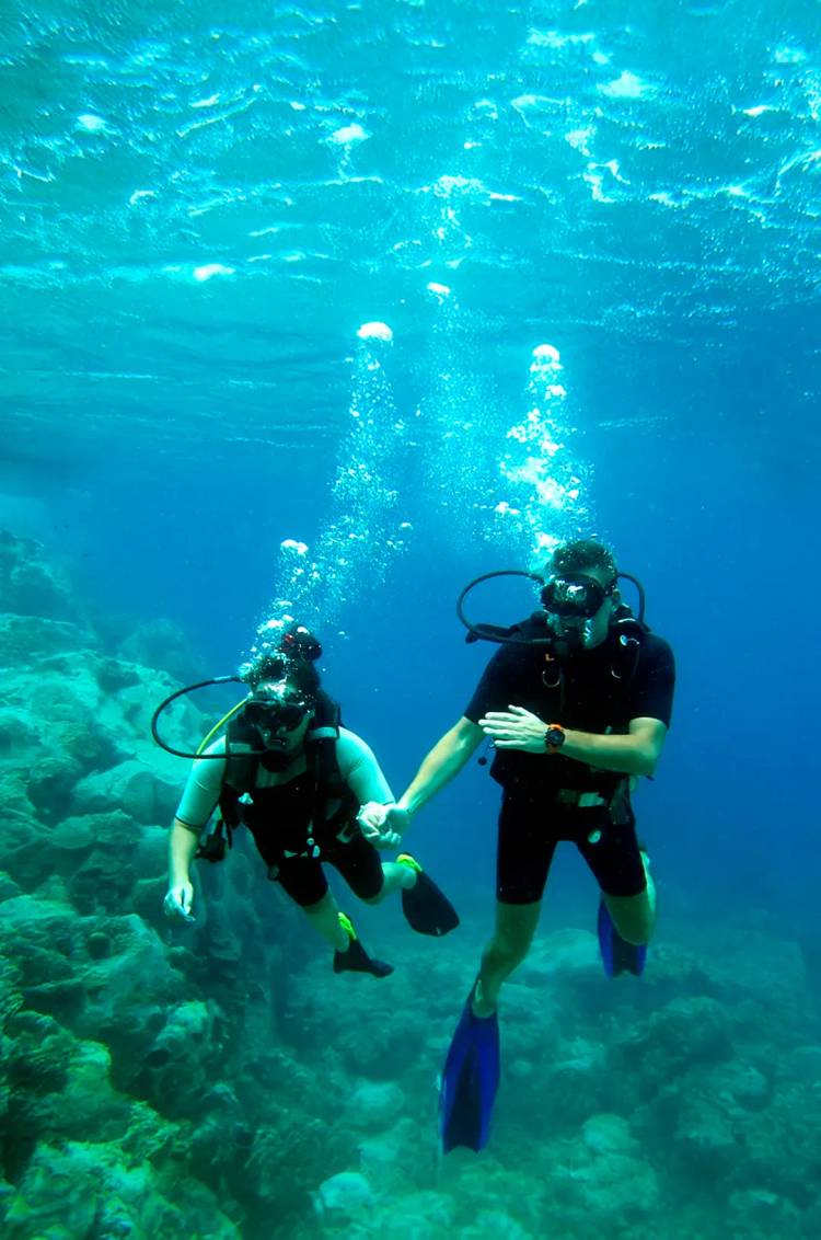 PADI scuba divers exploring the crystal-clear waters and coral reefs of Cancun in the Mexican Caribbean