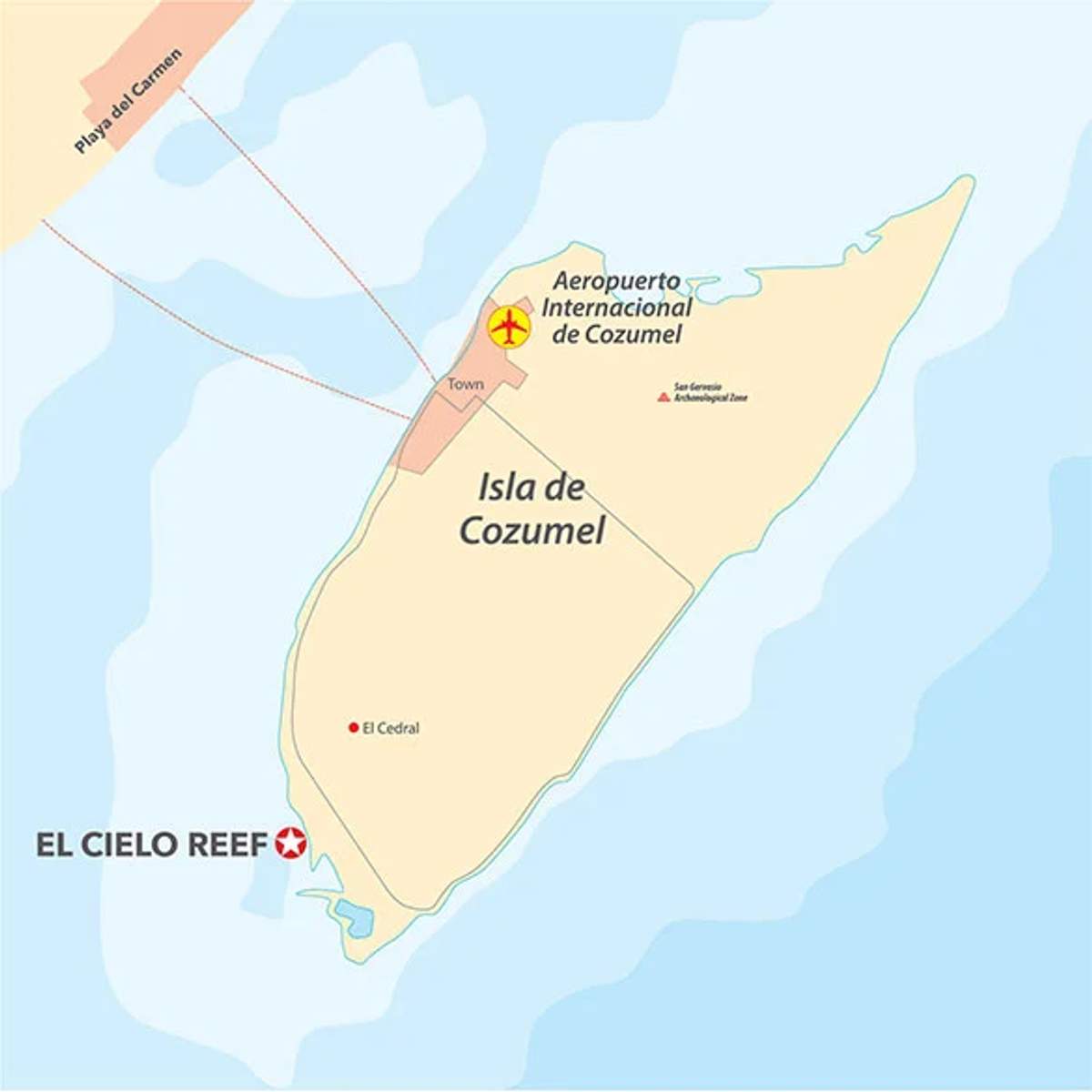 El Arrecife El Cielo se encuentra en el suroeste de Cozumel, accesible solo por bote.