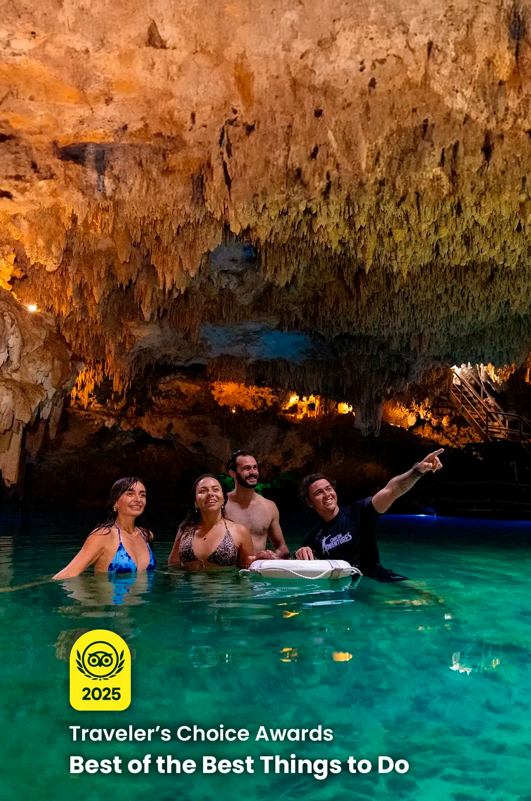 Group of friends exploring a beautiful cenote cave