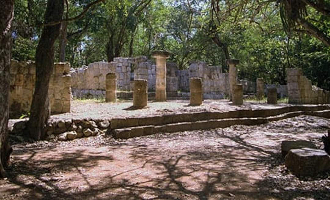 Un antiguo sitio de ruinas con pilares y muros de piedra rodeado de árboles. La luz del sol se filtra a través del dosel, proyectando sombras en el suelo y resaltando la arquitectura histórica en medio de un entorno forestal.