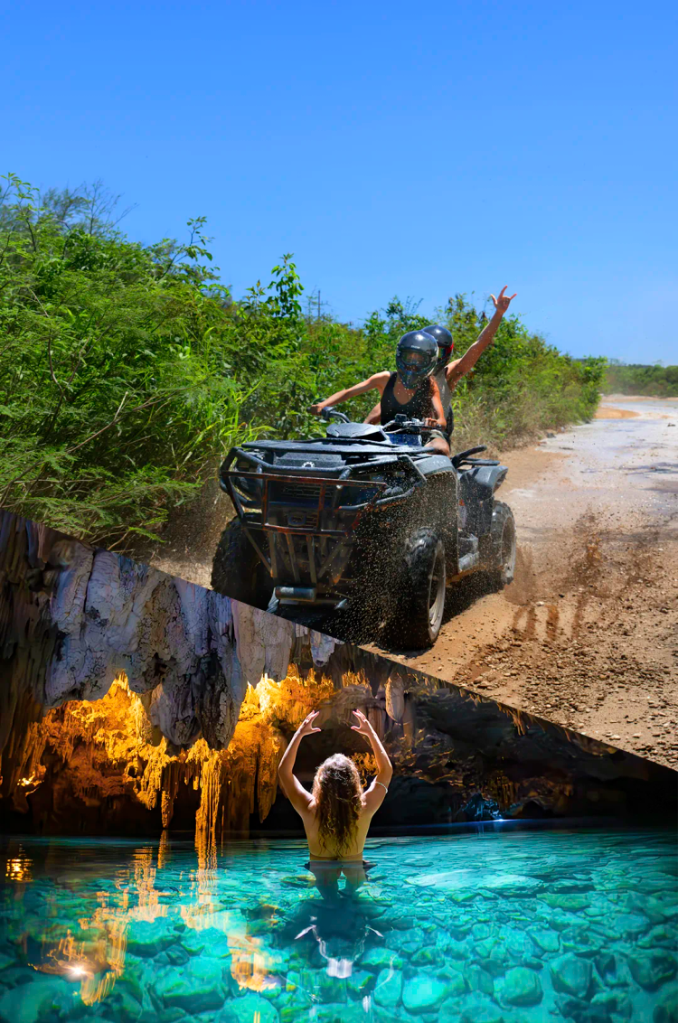 Paquete de tours en Cancún combinando un paseo en cuatrimotos en la selva de Akumal y una visita a un cenote subterraneo.