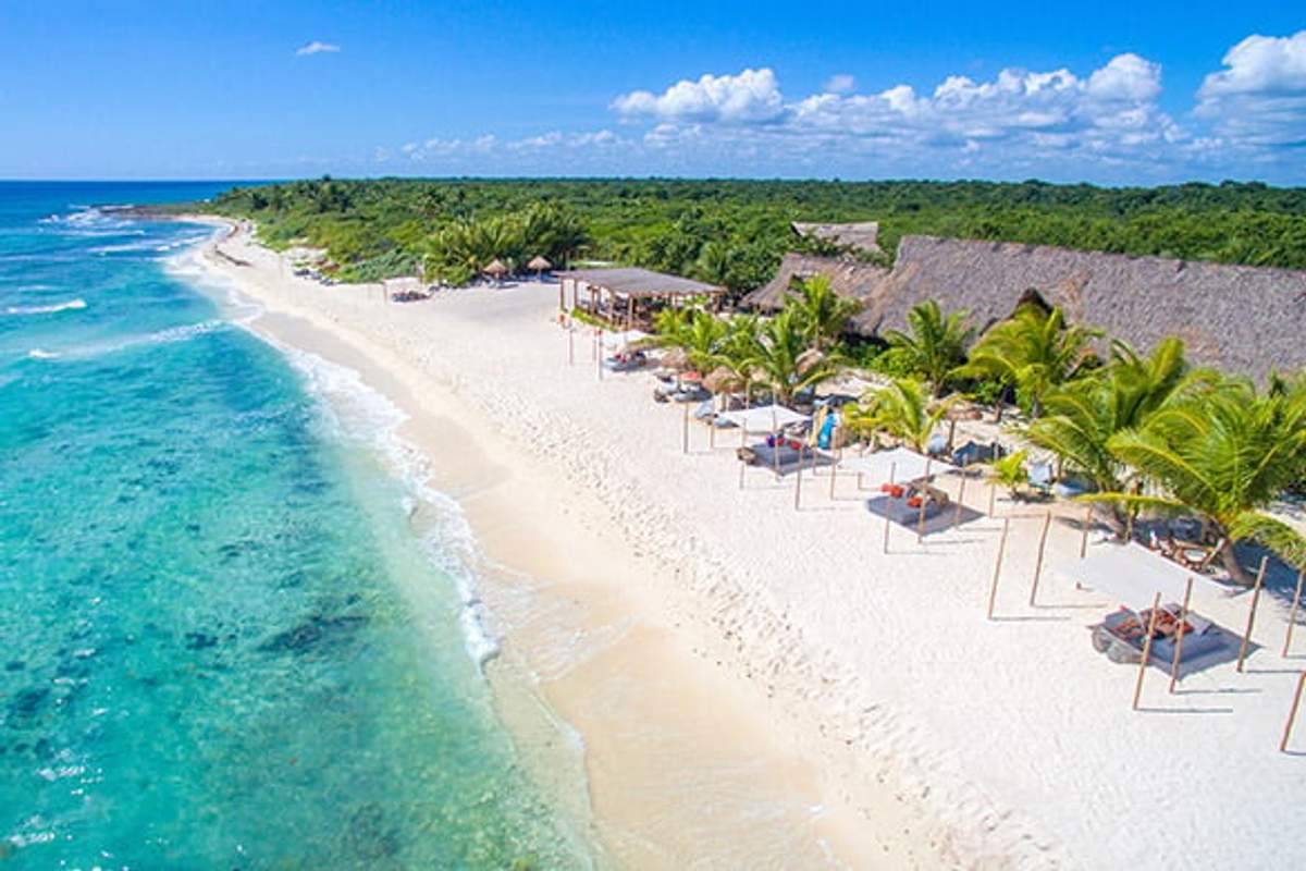 Aerial view of a pristine beach with clear water, white sand, and beach huts surrounded by palm trees.