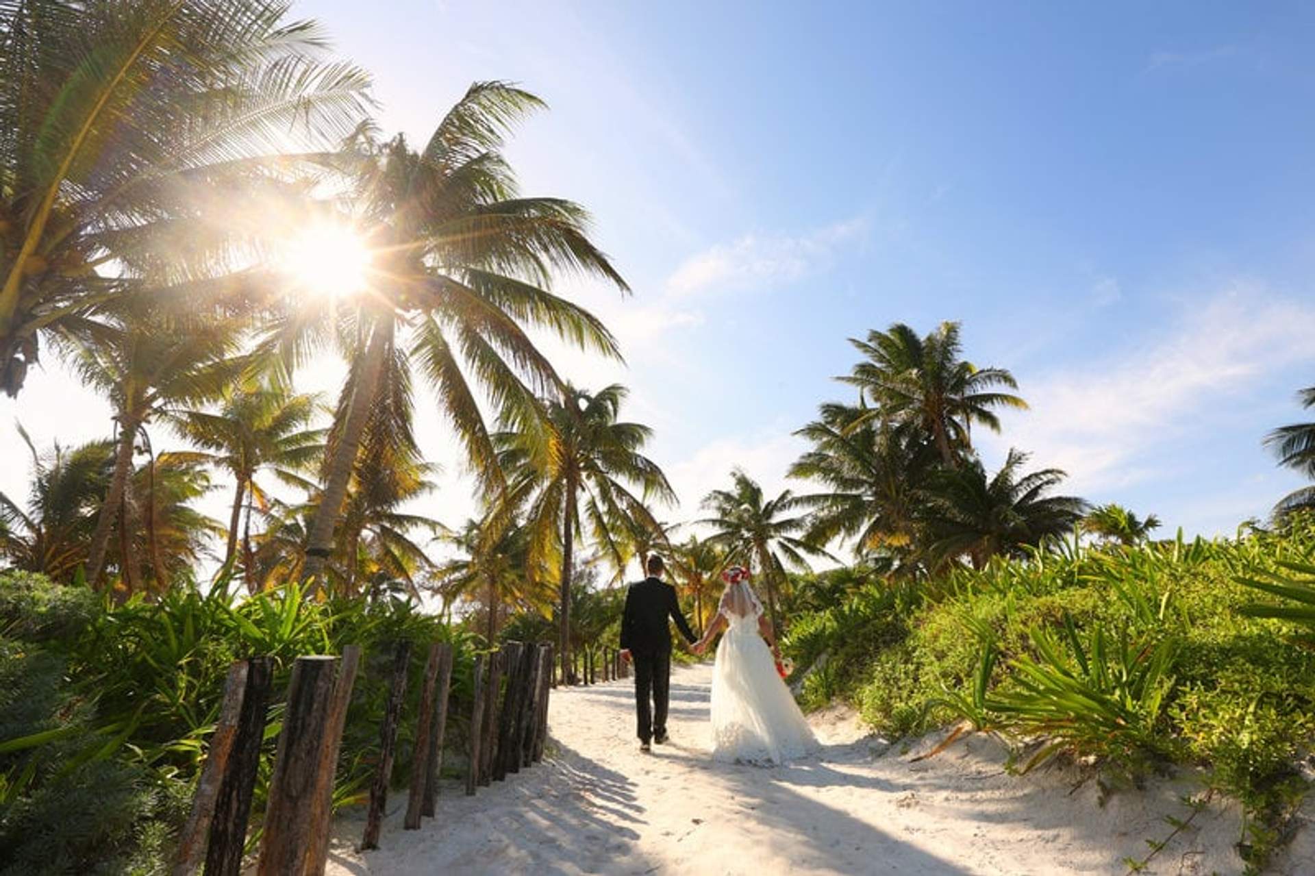 Pareja de recién casados caminando por un sendero de arena rodeado de palmeras y vegetación tropical, con el sol brillando a través de las hojas.