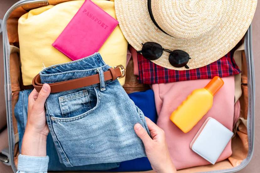 Packing a suitcase for a beach trip with passport, summer clothes, sunscreen and essentials for travel in May