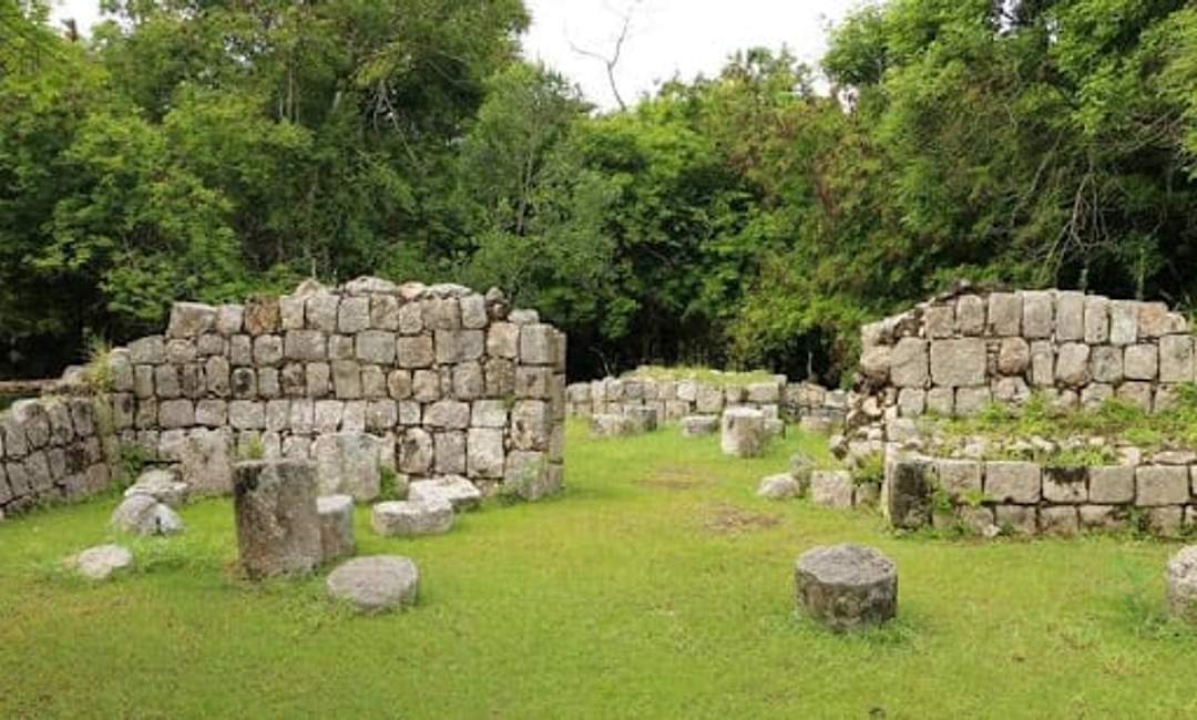 Ruinas de piedra antiguas con muros y columnas, rodeadas de densa vegetación verde y árboles, que indican un sitio arqueológico aislado.