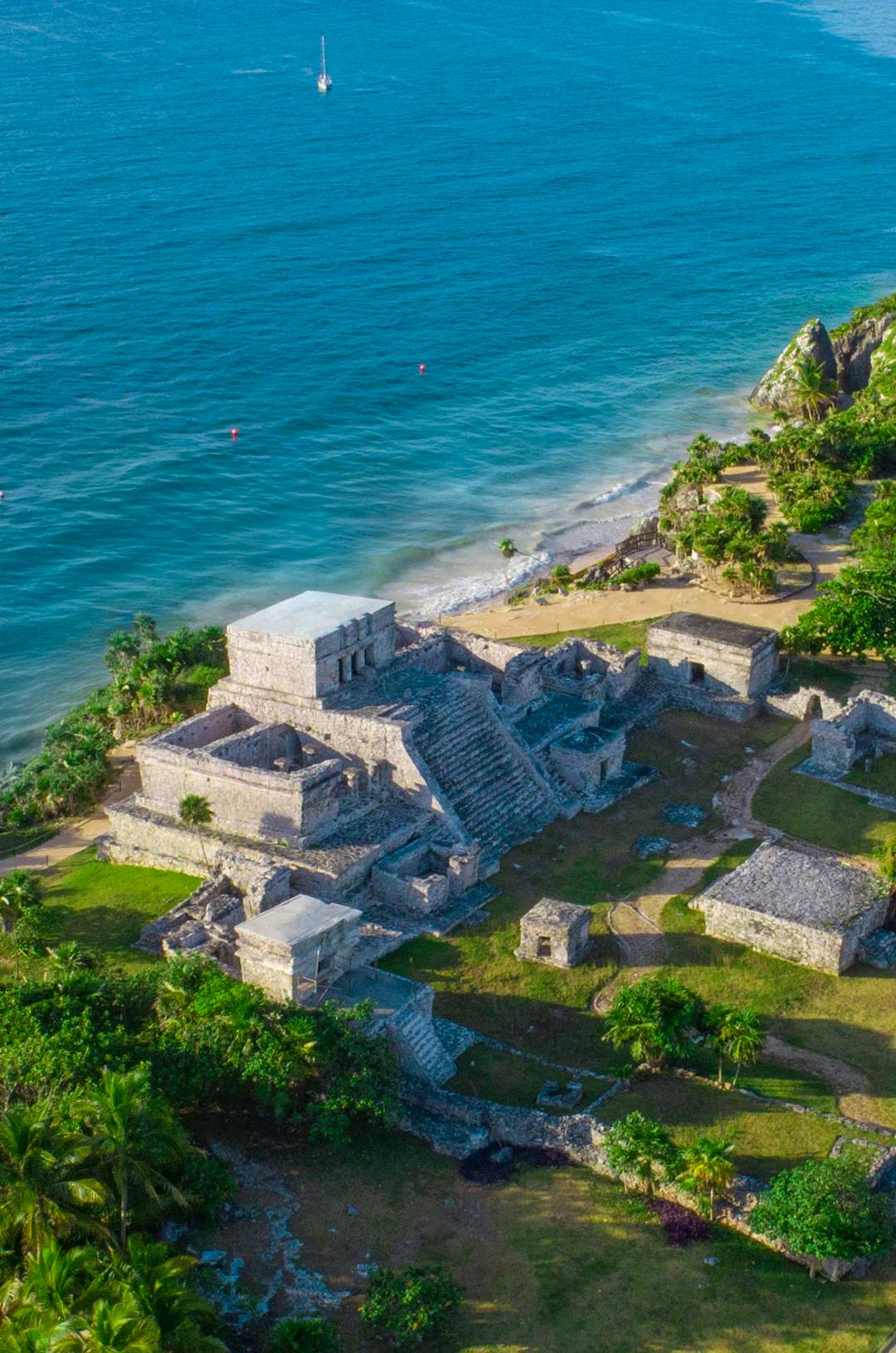 Aerial view of Tulum archaeological site.