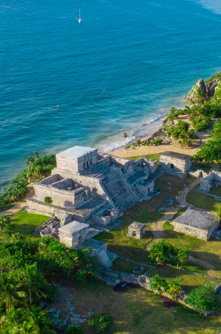 Aerial view of Tulum archaeological site.