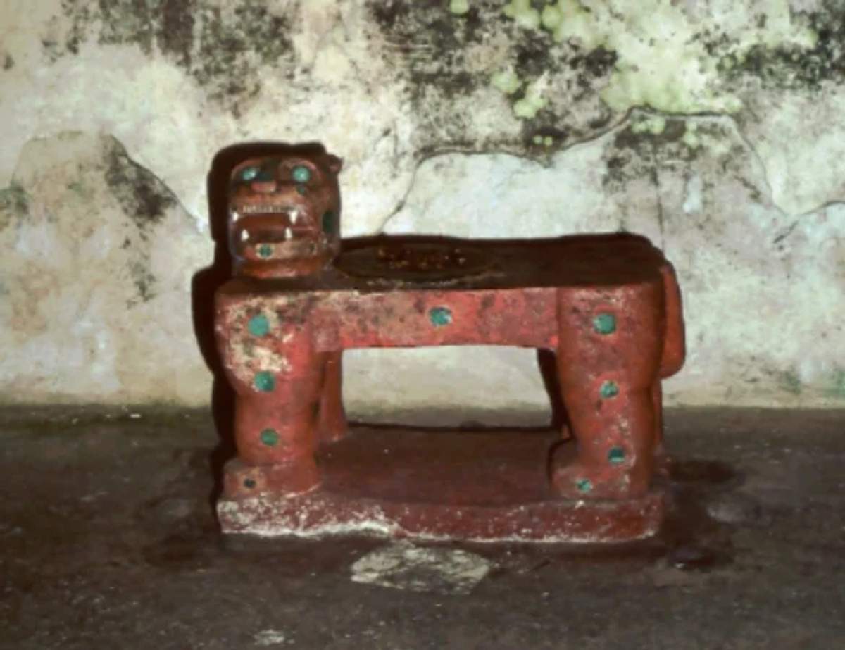 The Jaguar Throne, found inside the Pyramid of Kukulcán at Chichen Itza, inlaid with jade and used in ancient Mayan rituals.