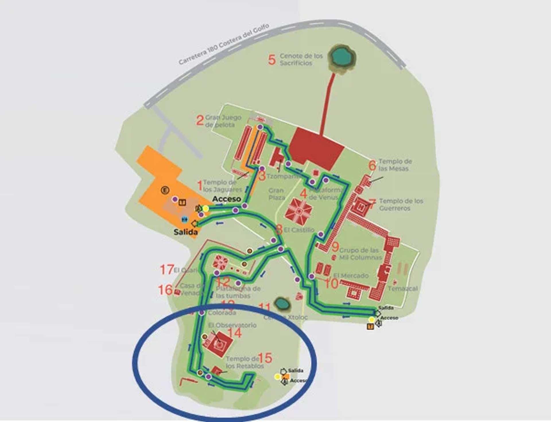 Map of Chichen Itza highlighting the Central Group, including the El Caracol observatory and the Temple of the Wall Panels.