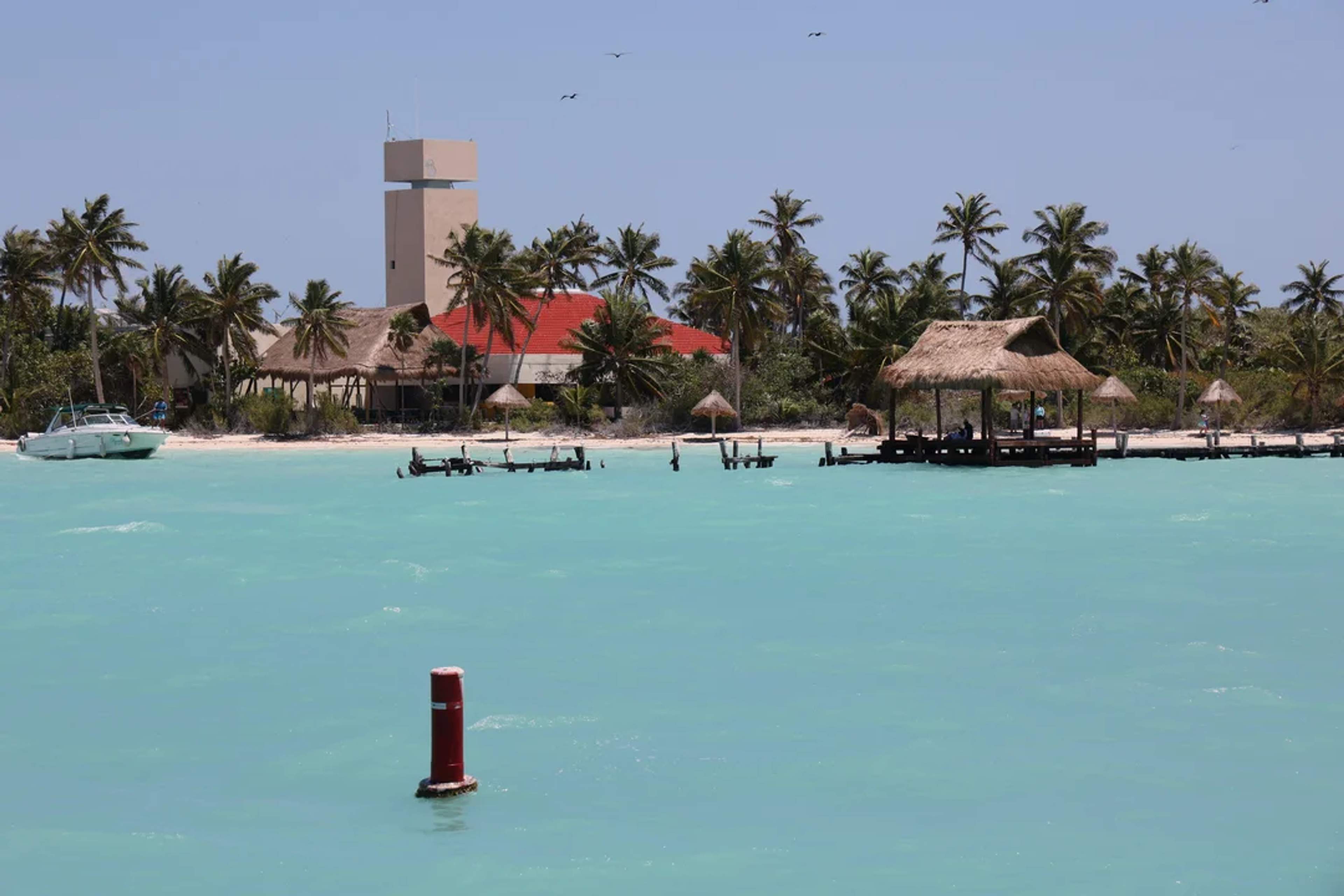 Tropical beach with turquoise waters, palm trees, and a thatched-roof dock under sunny skies.