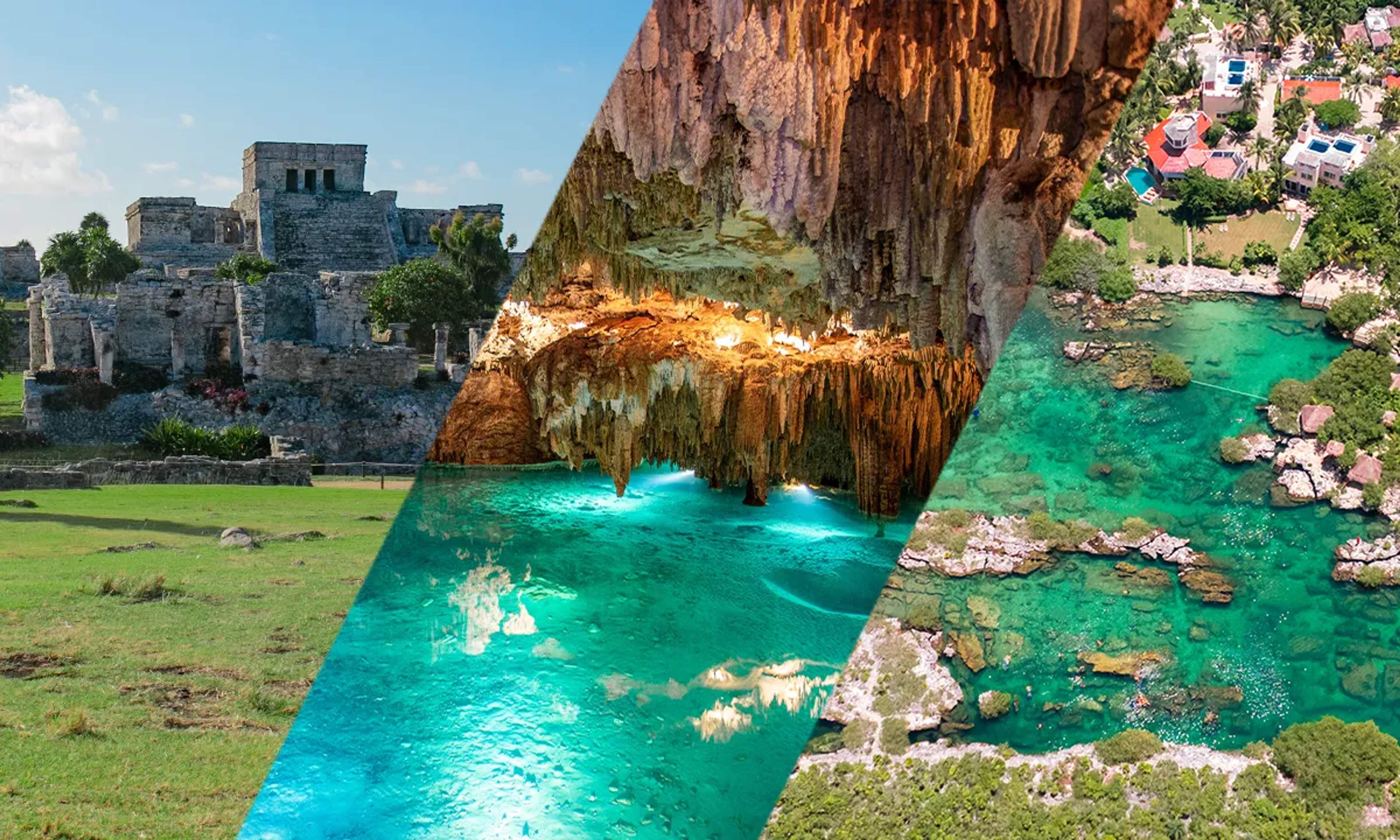 Collage of Tulum, an illuminated cenote, and a crystal-clear lagoon, highlighting the natural and historical richness of the Caribbean.