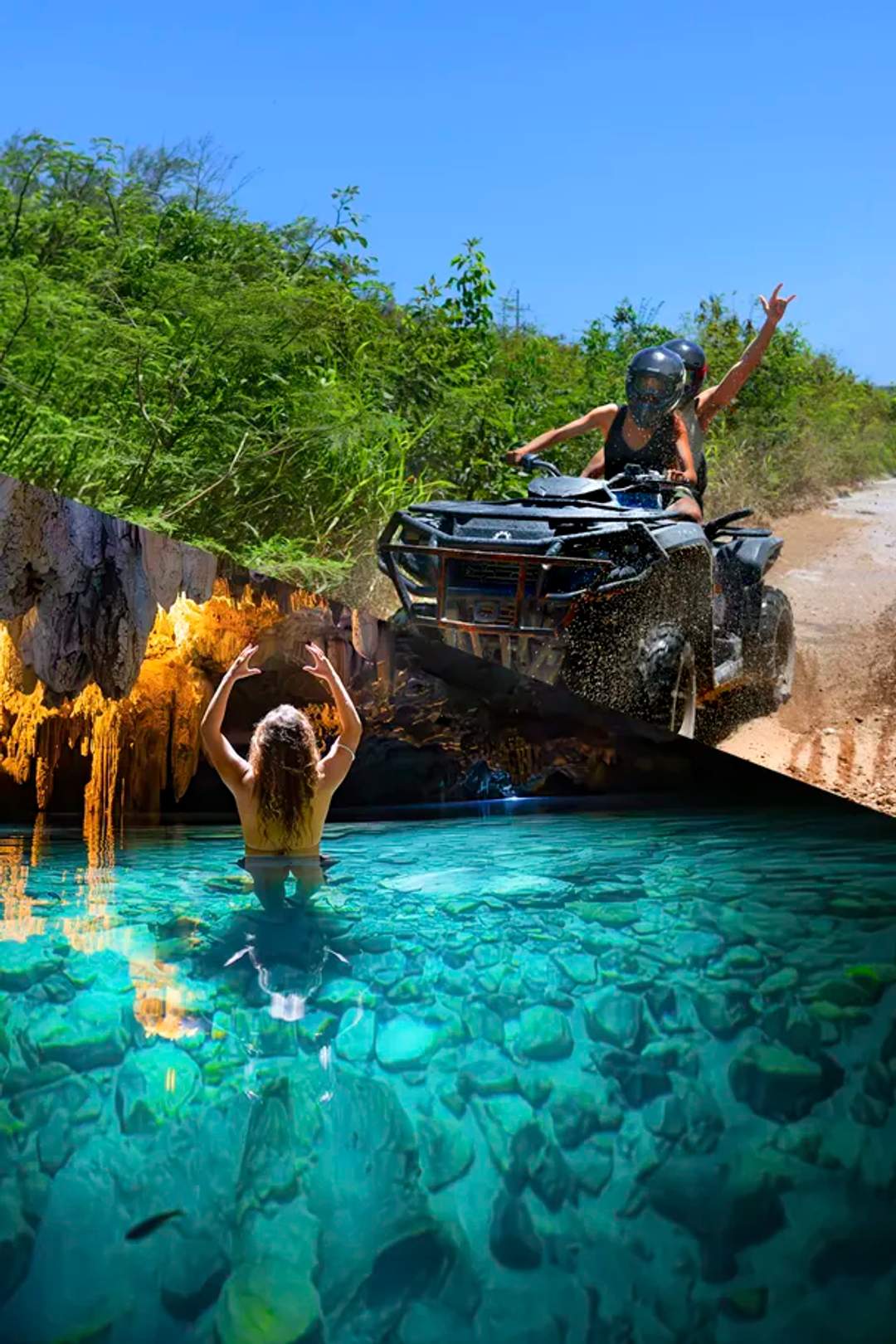 Paquete de tours en Cancún combinando un paseo en cuatrimotos en la selva de Akumal y una visita a un cenote subterraneo.