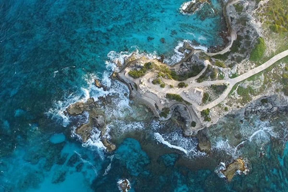Aerial view of a rocky coastline with clear turquoise water and winding pathways.