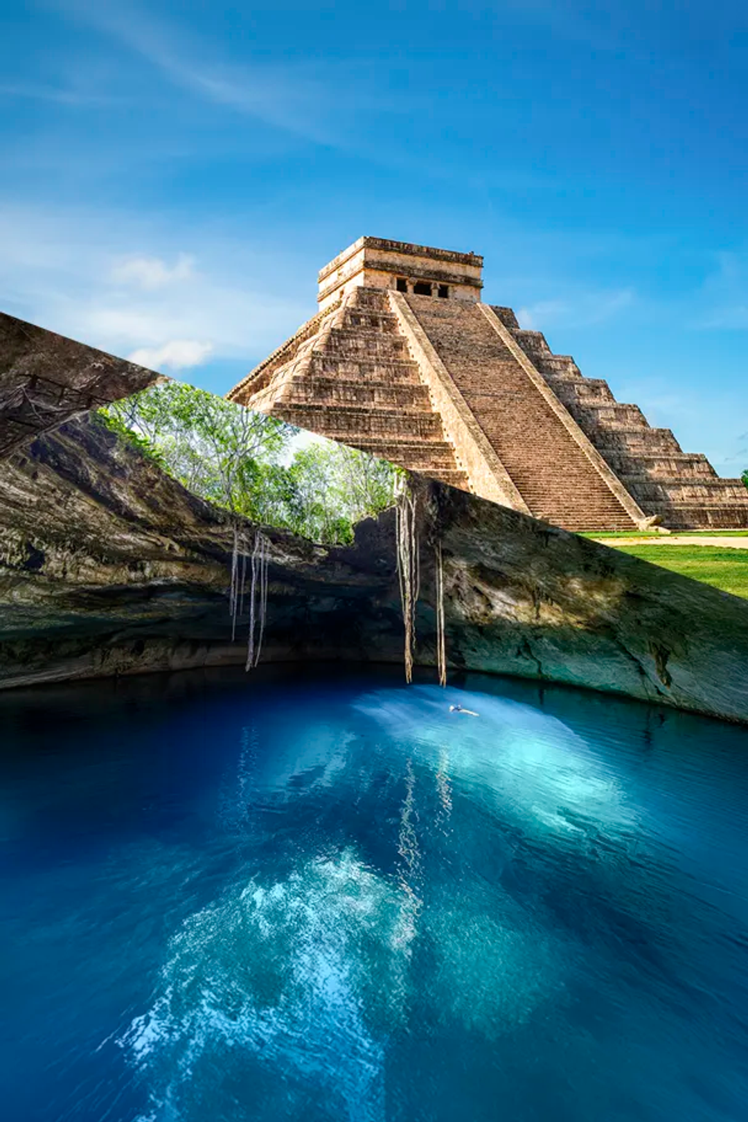 Woman in a red dress walking towards the Chichen Itza pyramid under a vibrant blue sky with scattered clouds.