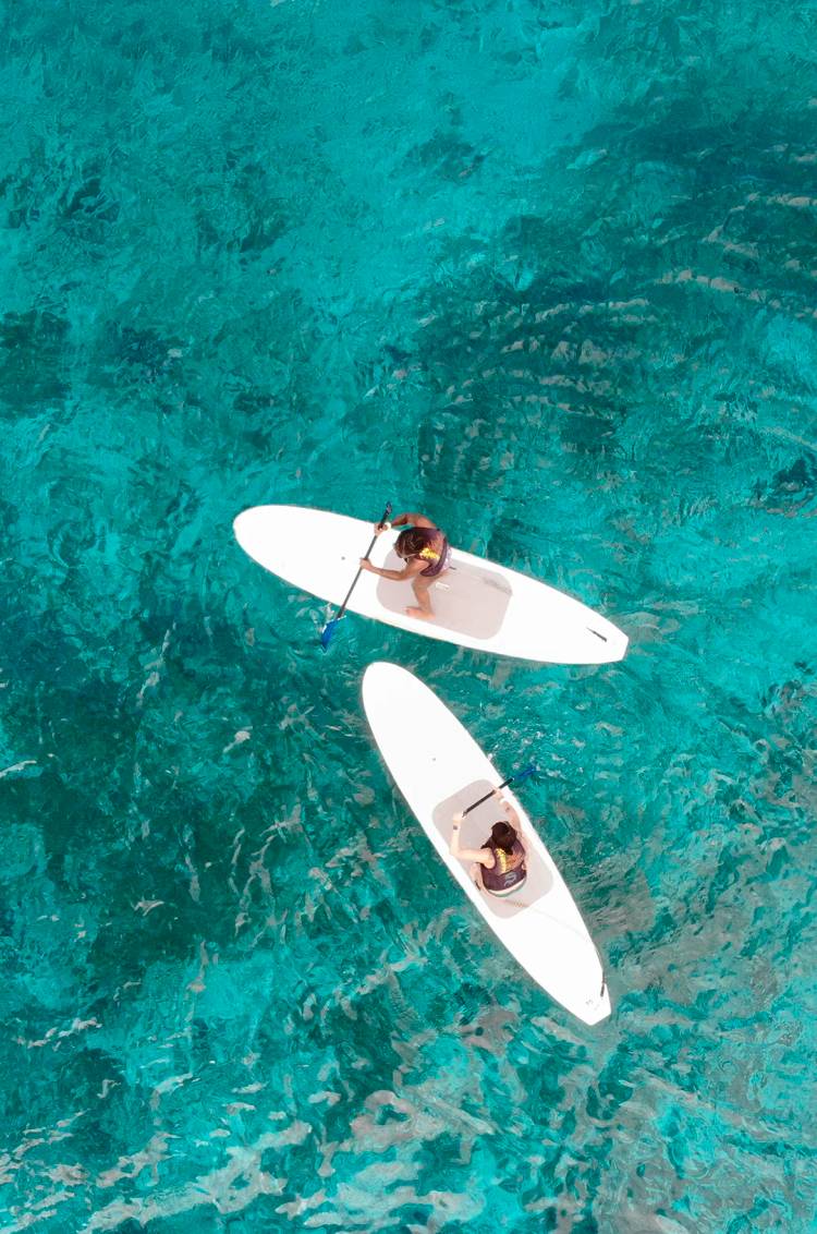 Friends enjoying paddle boarding near Cozumel.