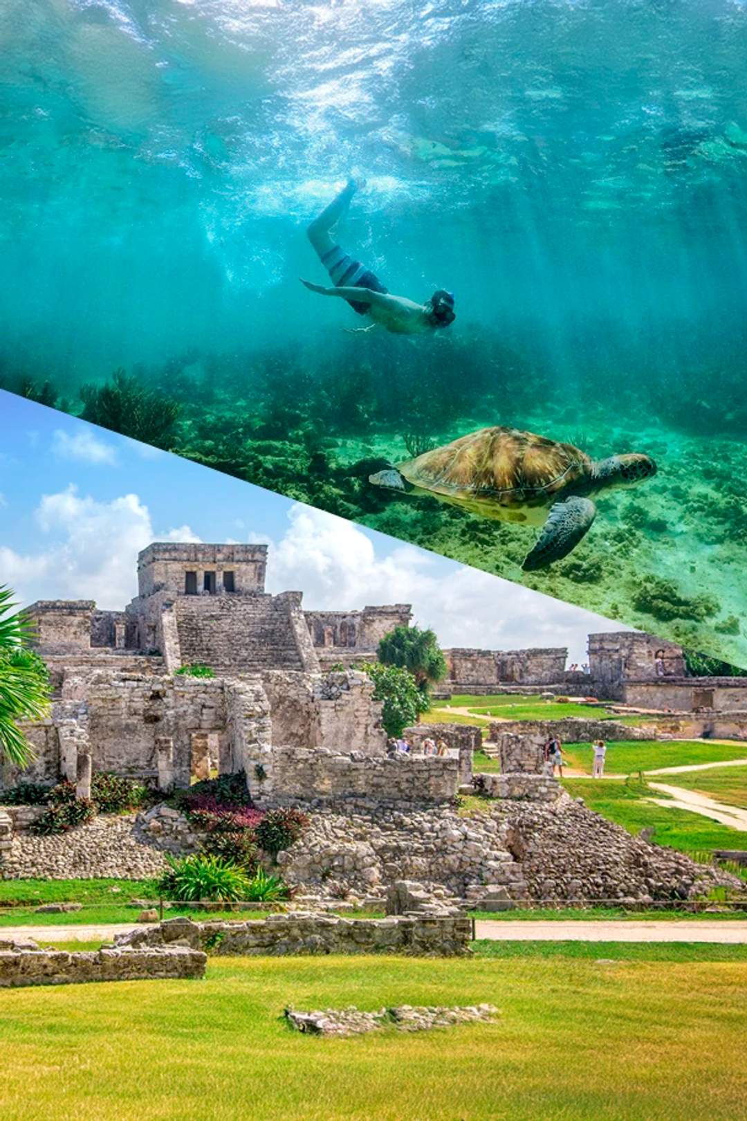 Paquete de tours en Cancún combinando un tour a Tulum y un nado con tortugas en Akumal.