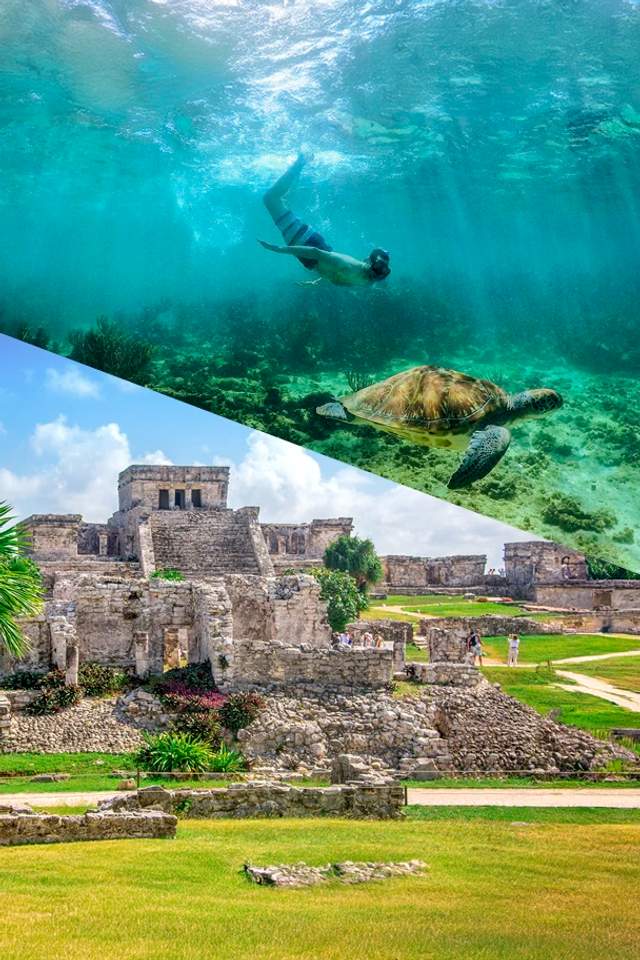Paquete de tours en Cancún combinando un tour a Tulum y un nado con tortugas en Akumal.