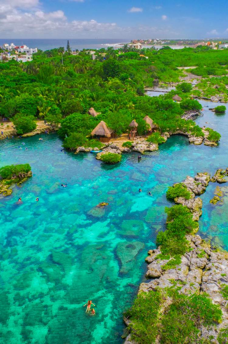 Aerial view of Yal Ku lagoon, a beautiful Cancun natural reserve.