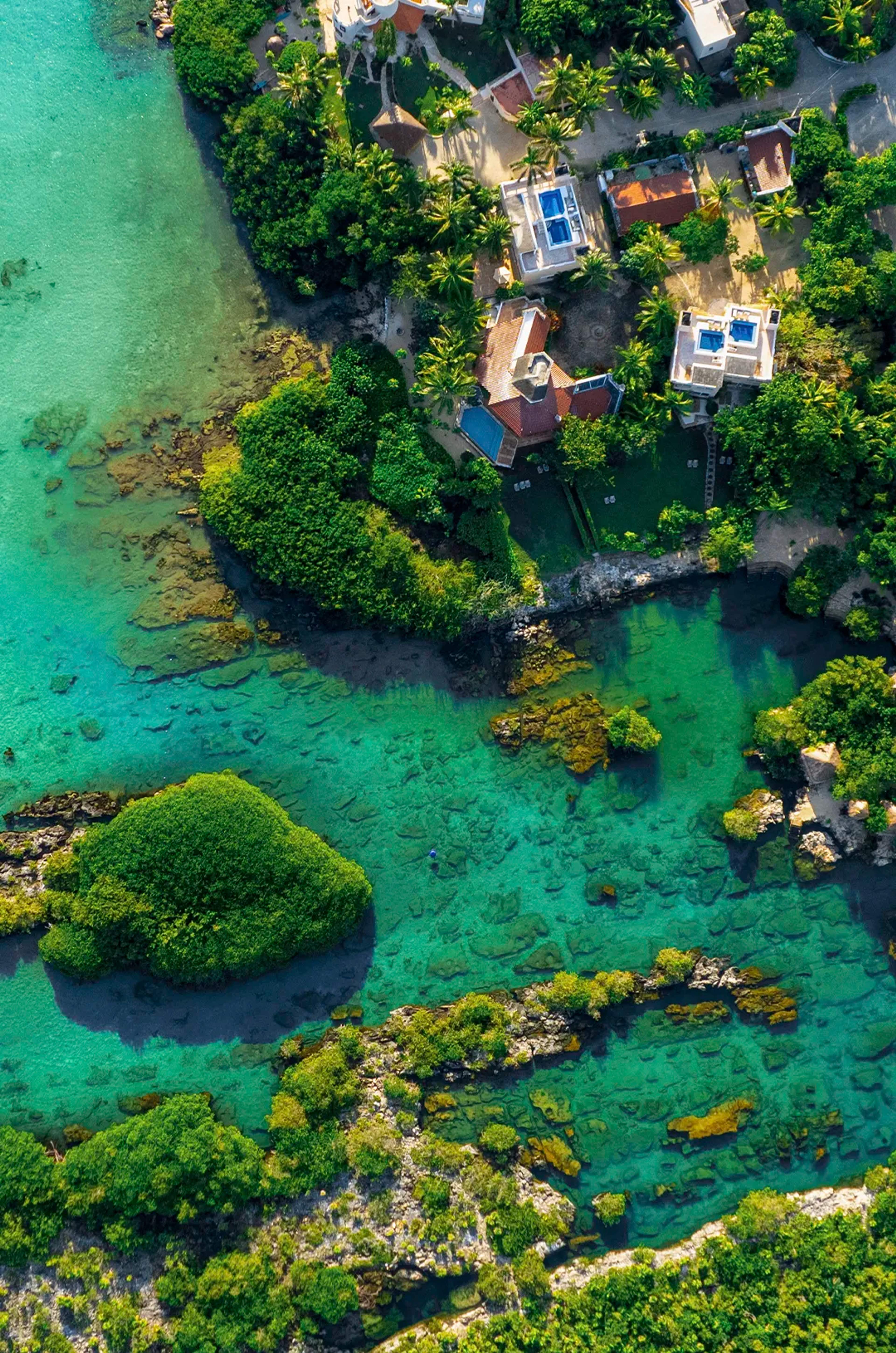 Aerial view of a crystal-clear lagoon surrounded by greenery and houses, with turquoise waters and submerged rock formations.