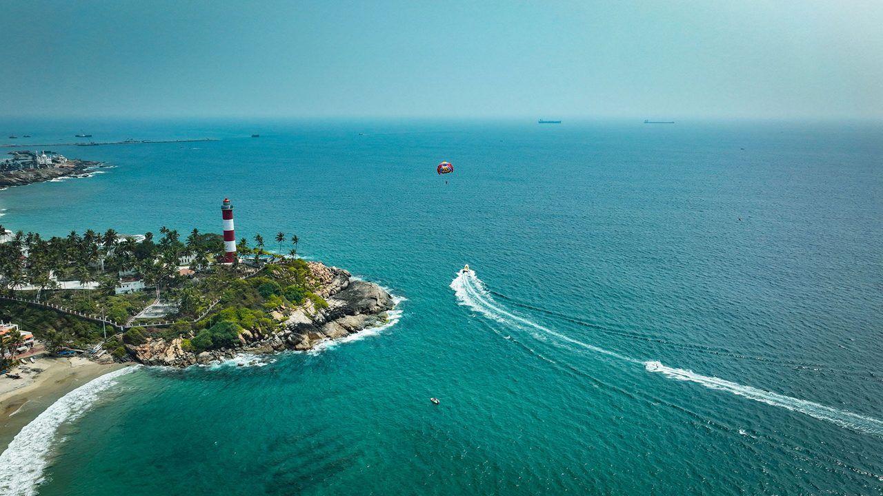 the aerial shot of the beautiful Kovalam beach