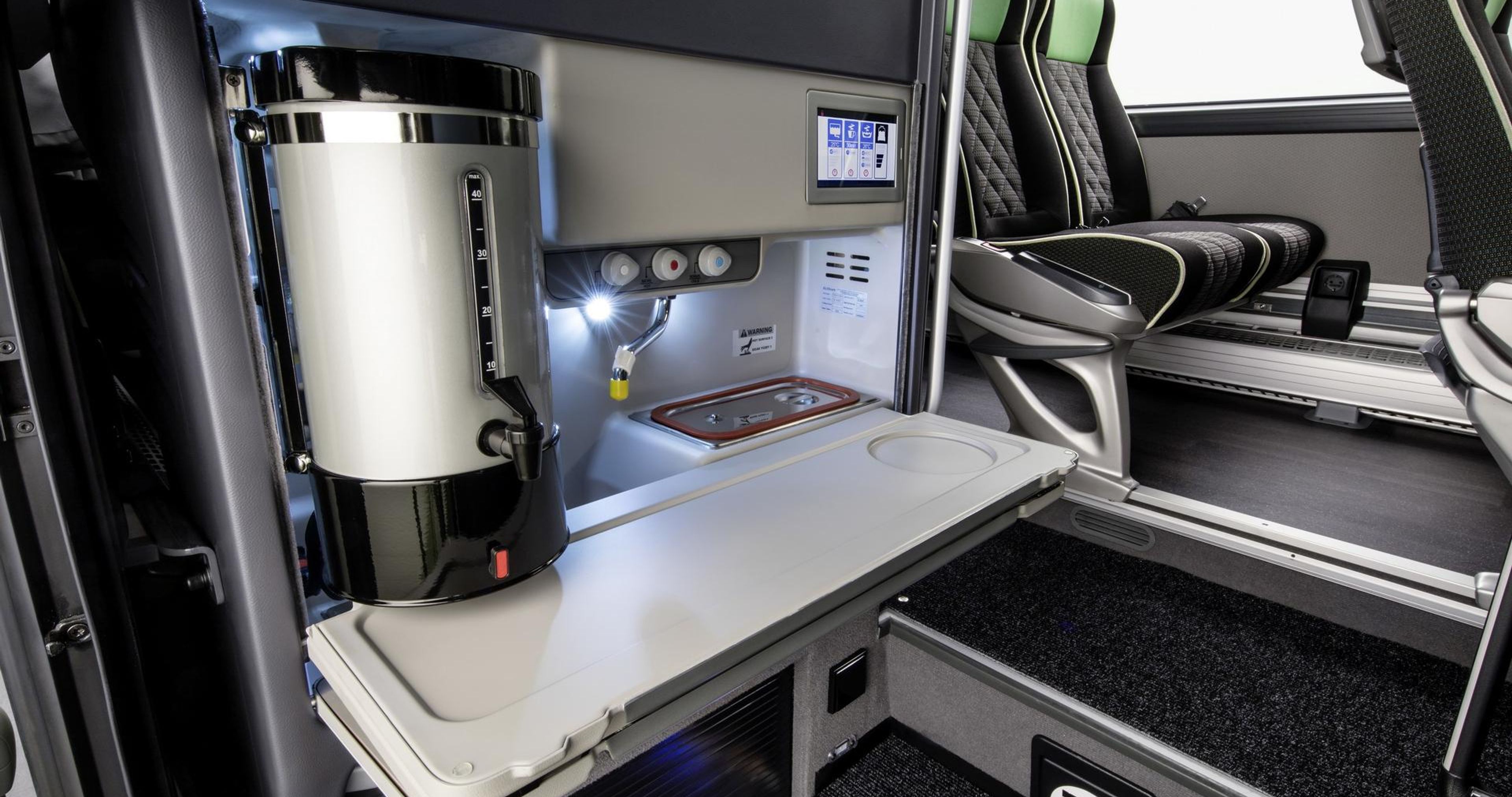 Storage compartments and quick tray of a coach