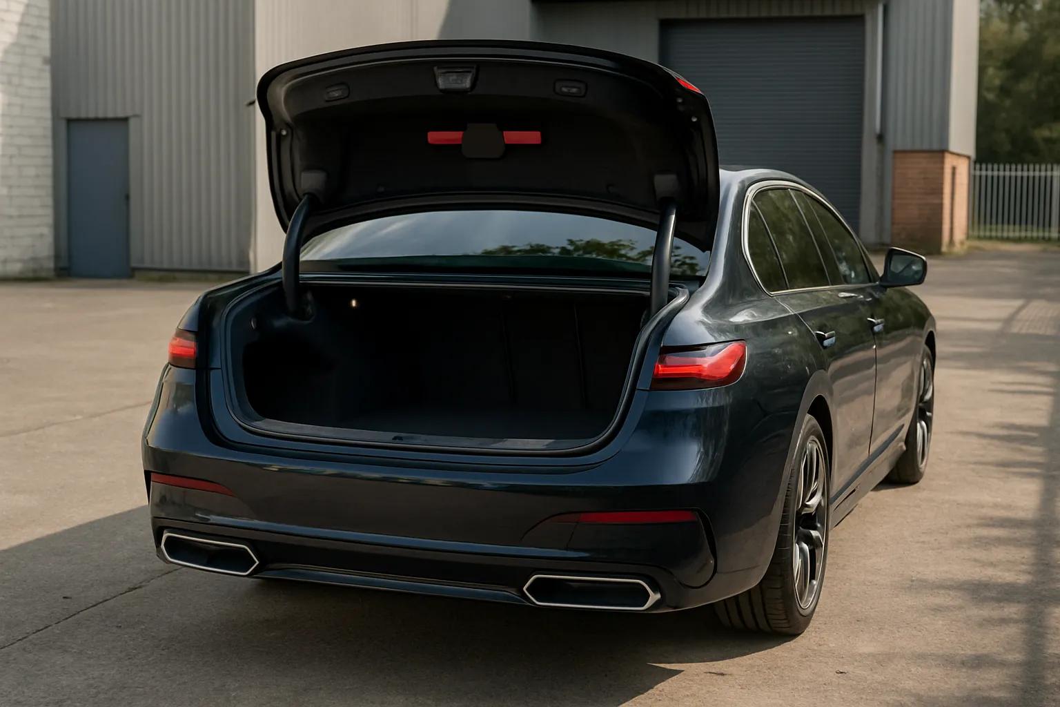 Back of a BMW i7 with it's trunk open