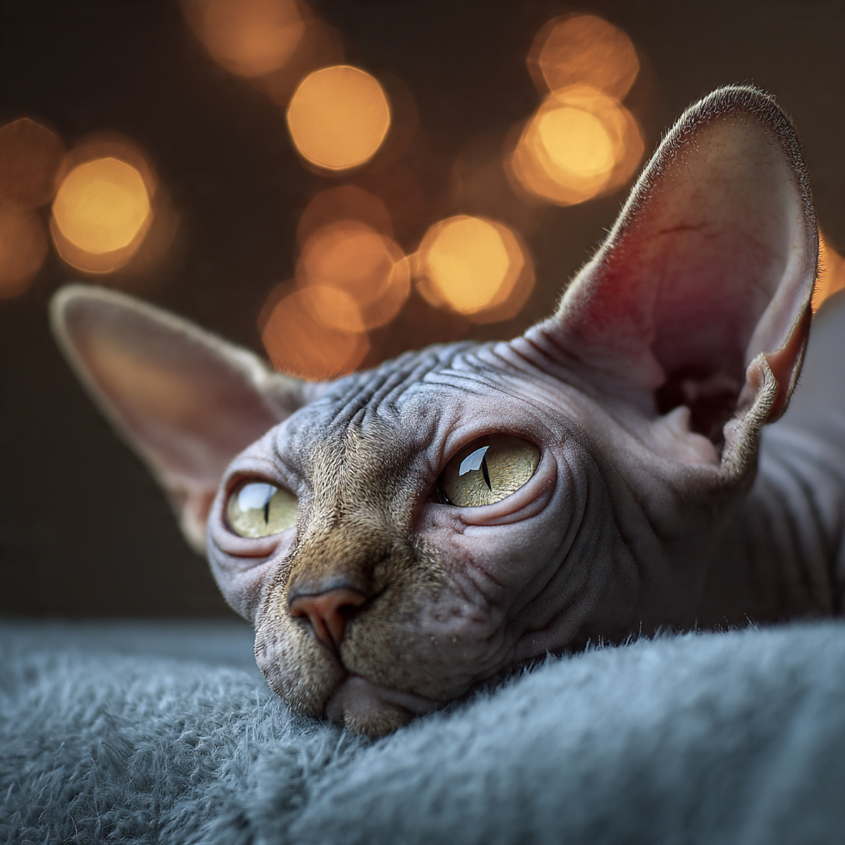 Un gato sphynx viejito acostado mirando a lo lejos
