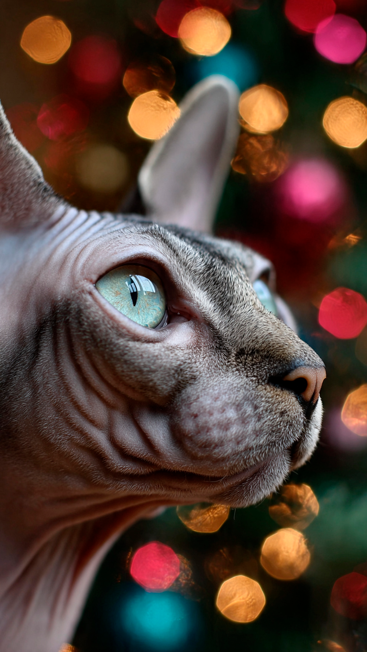 Gato sphynx con un fondo de luces de navidad