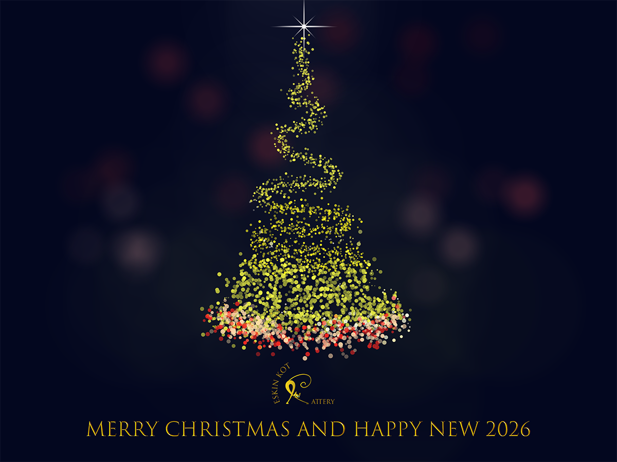 Árbol de Navidad hecho de luces doradas. Debajo logo de EskinKot Cattery en versión dorada. Más abajo la leyenda: Merry Christmas And happy New 2026