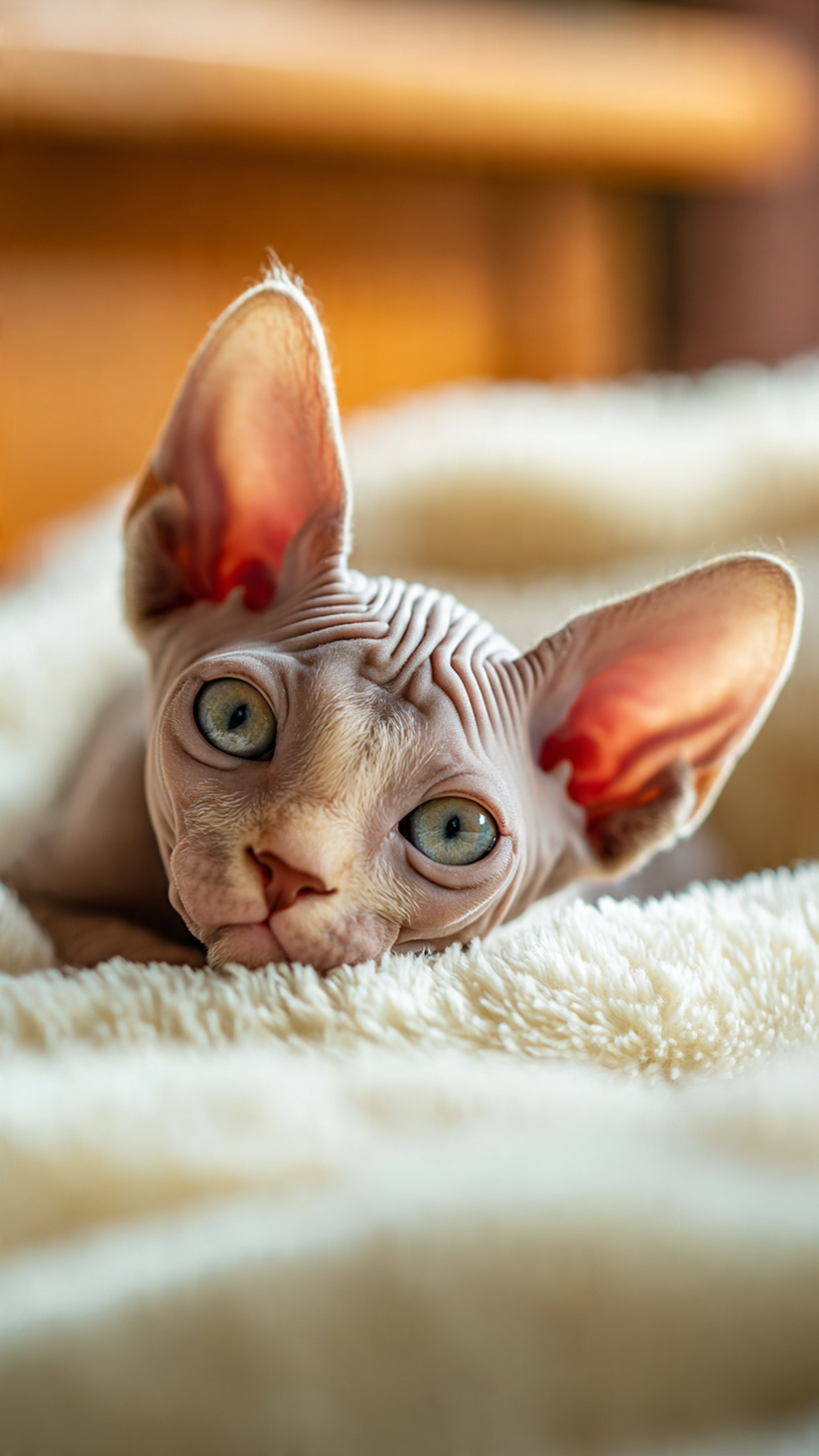 Un gato sphynx acostado sobre mantas