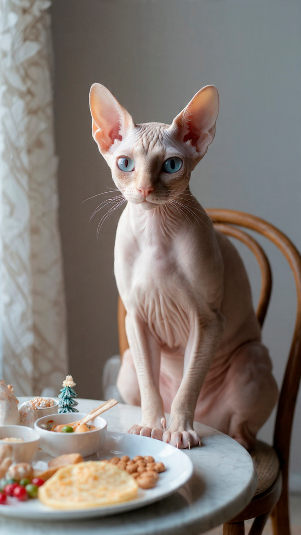 gato sphynx junto a la cena de navidad