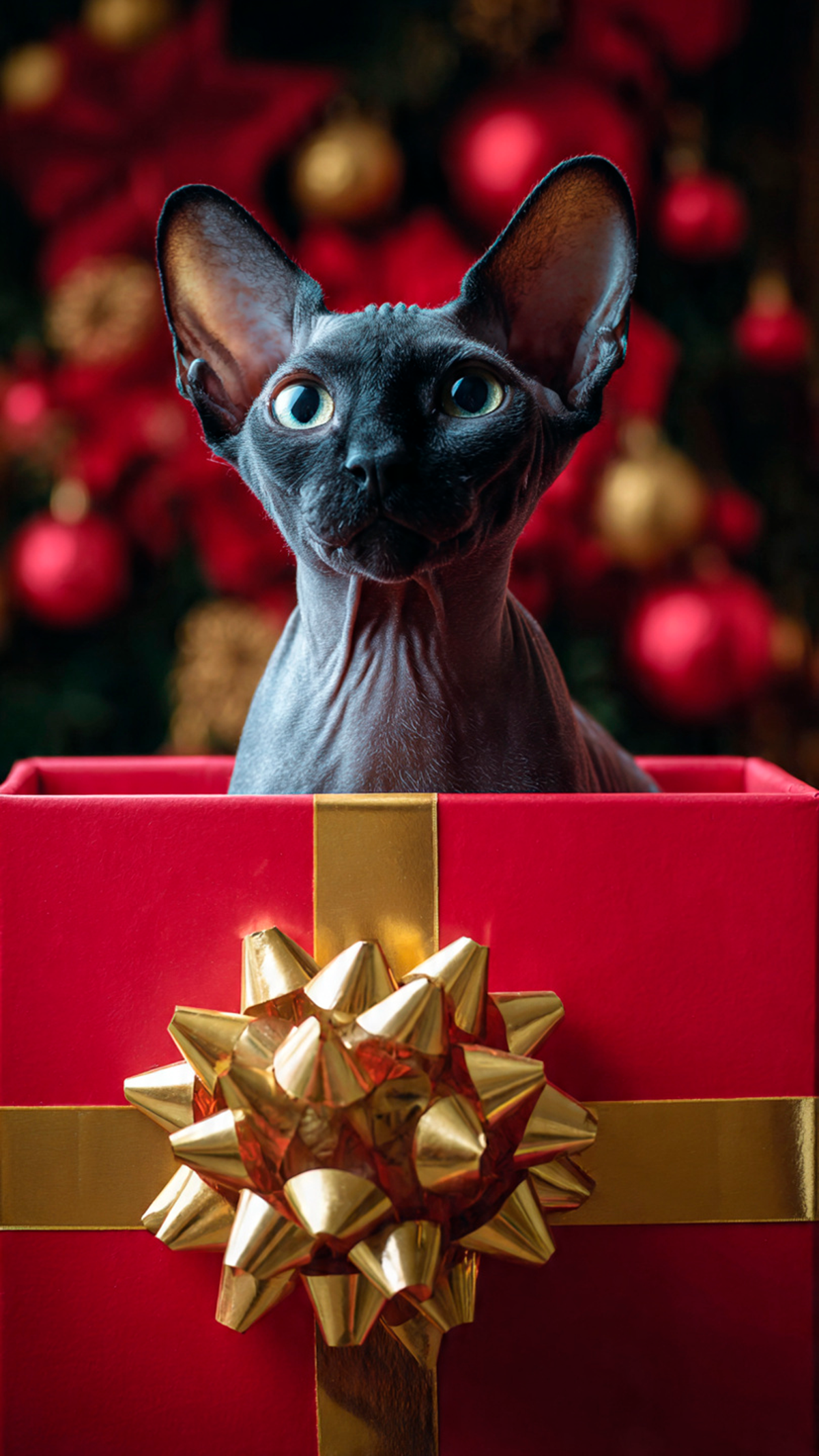 Un gato sphynx negro dentro de una caja de regalo de navidad